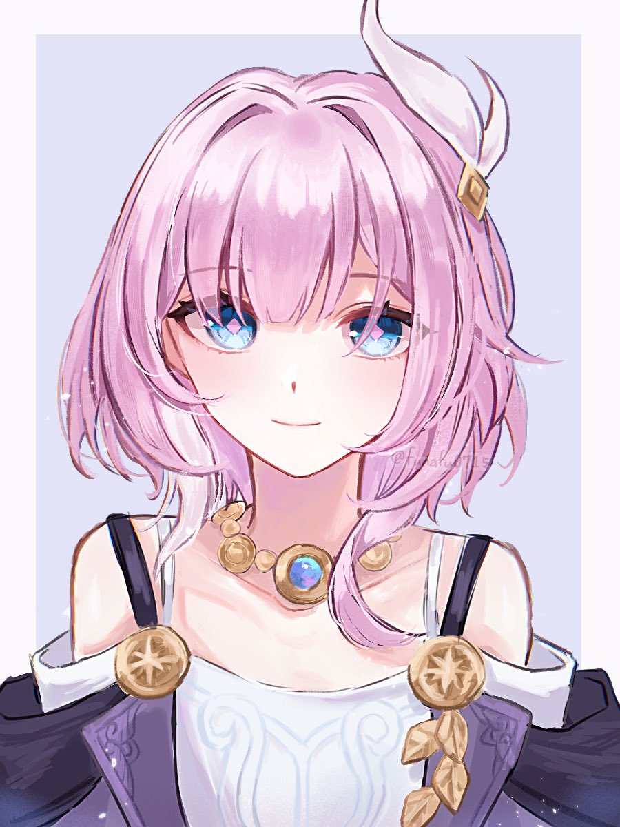 funafu, cyrene (honkai: star rail), honkai: star rail, honkai (series), commentary request, highres, 1girl, bare shoulders, blue background, blue eyes, border, breasts, coat, dress, hair ornament, jewelry, looking at viewer, multicolored hair, necklace, pink hair, purple coat, small breasts, smile, solo, two-tone hair, upper body, white border, white dress, white hair