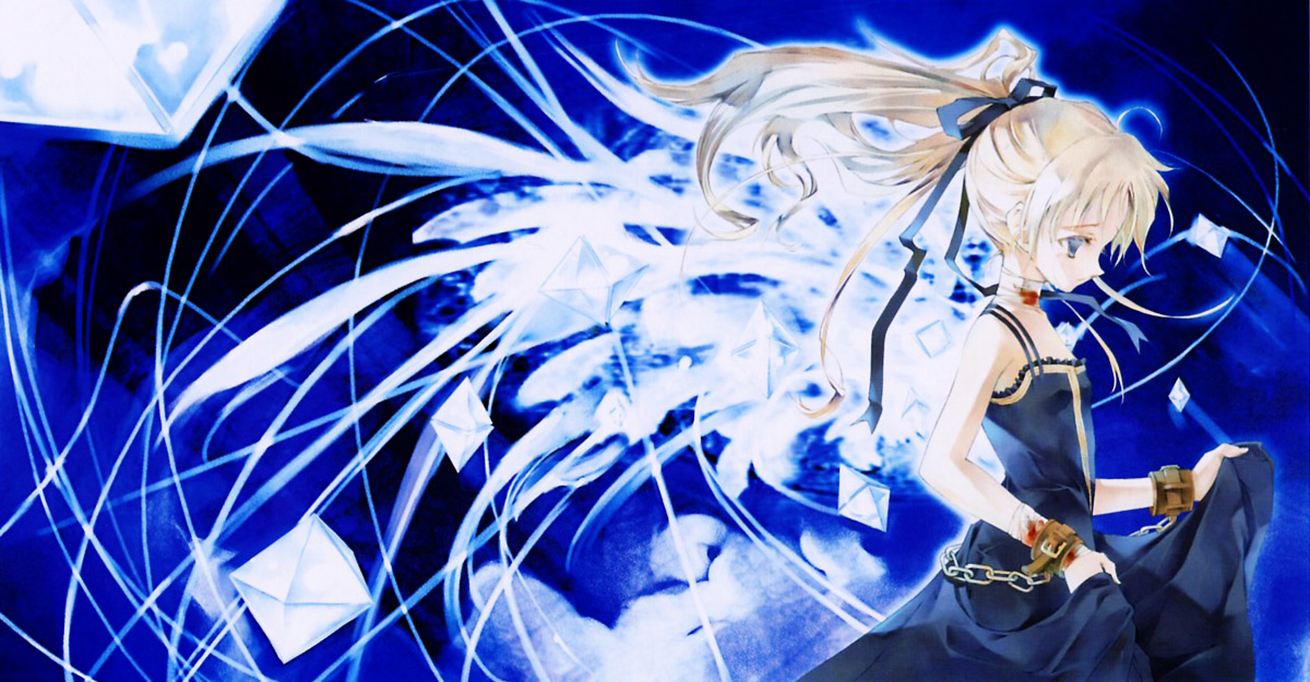 sumi keiichi, kamio misuzu, air (visual novel), 00s, blonde hair, blue eyes, hair ribbon, long hair, ribbon, solo, wings
