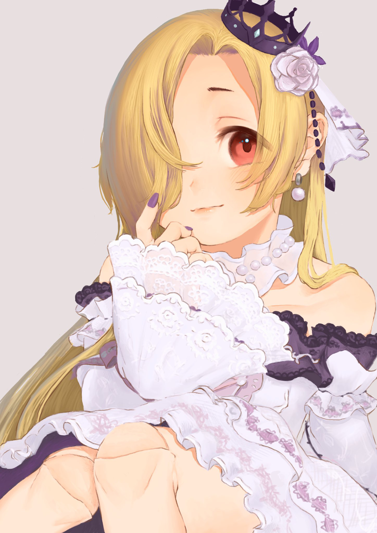 shirasaka koume, idolmaster, idolmaster cinderella girls, highres, 1girl, bare shoulders, blonde hair, crown, doll joints, dress, earrings, flower, hair flower, hair ornament, hair over one eye, jewelry, joints, long hair, looking at viewer, moriyama pic, red eyes, rose, sitting, smile, solo, white dress, wide sleeves