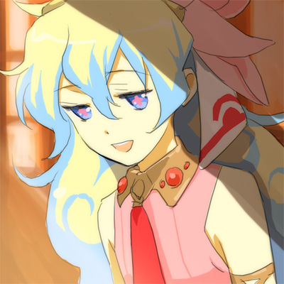 ariko, nia teppelin, tengen toppa gurren lagann, lowres, + +, 00s, 1girl, :d, bare shoulders, blonde hair, blue eyes, blue hair, brooch, collar, cross-shaped pupils, dress, female focus, gem, jewelry, mannen take, matching hair/eyes, multicolored hair, necktie, open mouth, pink dress, red necktie, sleeveless, sleeveless dress, smile, solo, symbol-shaped pupils, two-tone hair, upper body