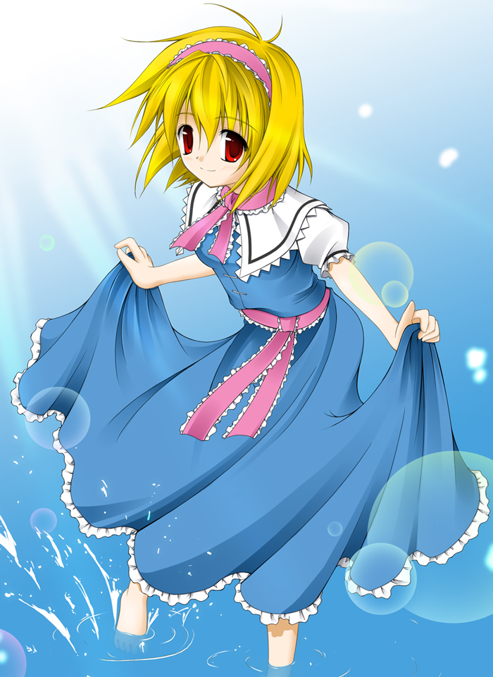 takoyaki1116, takoyaki (takoyaki-batake), alice margatroid, touhou, 1girl, barefoot, blonde hair, blurry, bokeh, capelet, depth of field, dress, female focus, hairband, red eyes, short hair, skirt hold, smile, solo, sunlight, wading, water