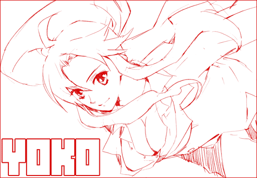 ariko, yoko littner, tengen toppa gurren lagann, 00s, 1girl, ahoge, border, breasts, buttons, character name, cleavage, female focus, large breasts, long hair, looking at viewer, mannen take, monochrome, parted bangs, ponytail, red border, red eyes, red theme, sidelocks, simple background, smile, solo, unbuttoned, upper body, white background