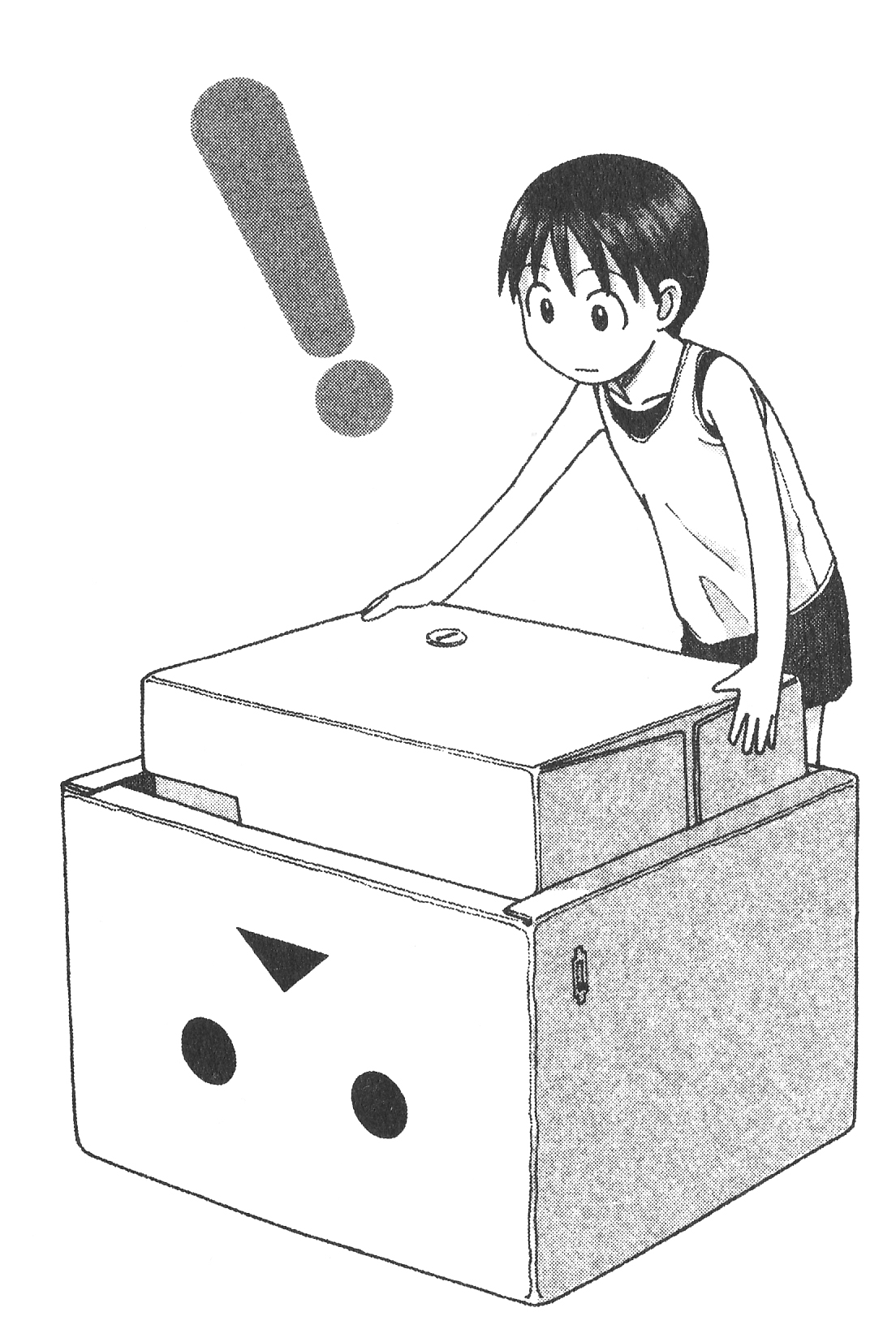 azuma kiyohiko, danboo, hayasaka miura, yotsubato!, highres, official art, 1girl, box, cardboard box, cosplay, female focus, greyscale, monochrome, solo