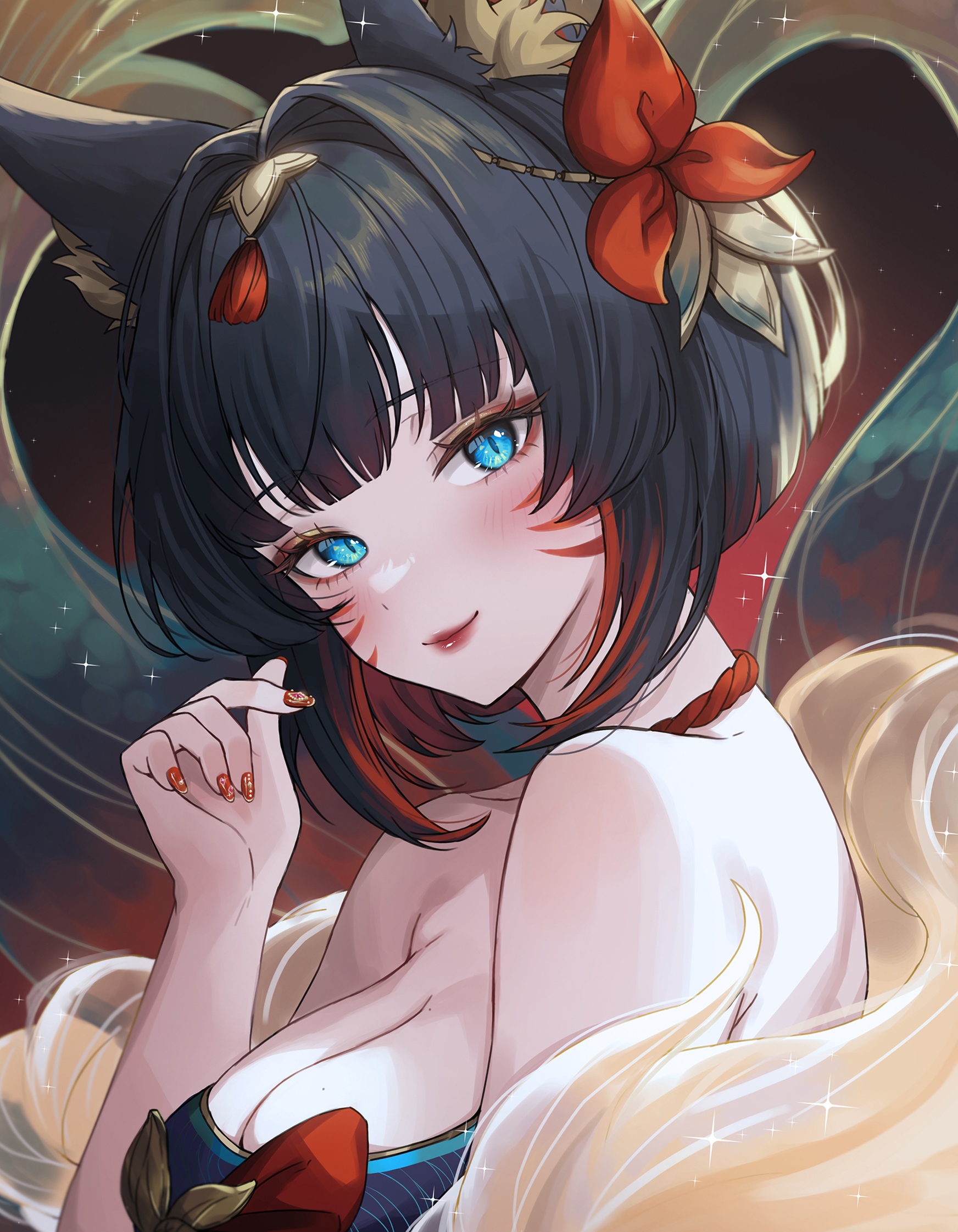 ella 7737, ahri (league of legends), league of legends, commentary, english commentary, highres, 1girl, after hours spirit blossom springs ahri, animal ears, bare shoulders, black hair, blue eyes, breasts, cleavage, closed mouth, eyeliner, facial mark, fox ears, fox girl, fox tail, hair intakes, hair ornament, hand up, large breasts, lips, lipstick, looking at viewer, makeup, mole, mole on breast, multicolored hair, nail polish, official alternate costume, red eyeliner, red lips, red nails, red streaks, short hair, smile, solo, streaked hair, tail, upper body, wispy bangs