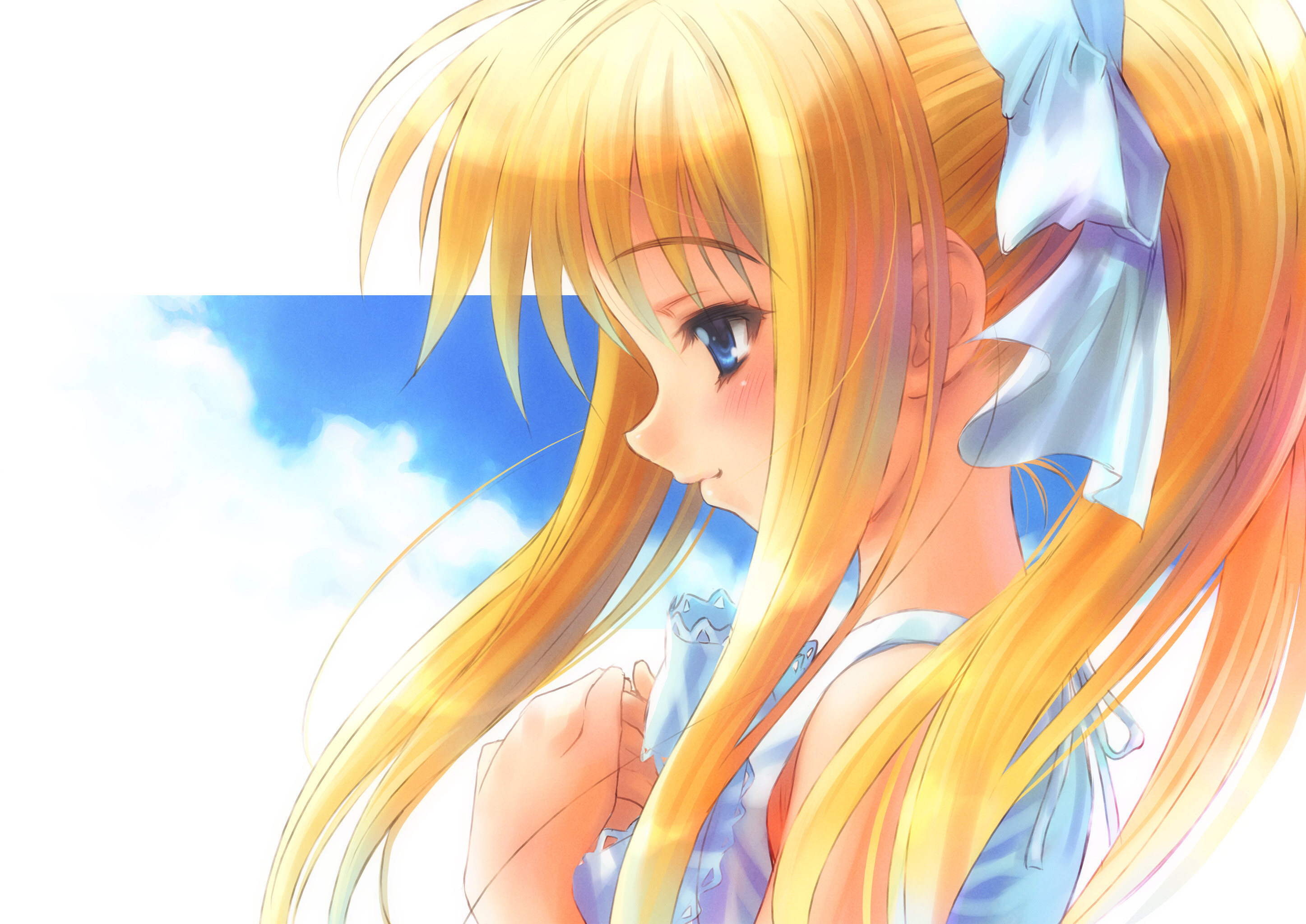 kamio misuzu, air (visual novel), highres, 00s, blonde hair, blue eyes, day, hair ribbon, long hair, ponytail, ribbon, sky, solo