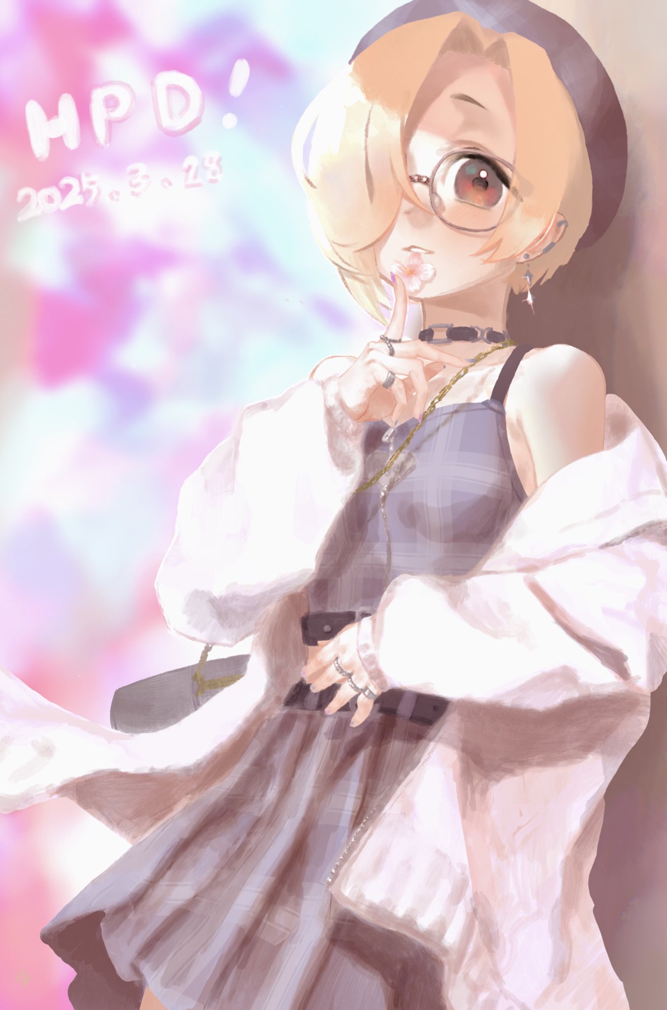 shirasaka koume, idolmaster, idolmaster cinderella girls, highres, 1girl, beret, blonde hair, breasts, cardigan, dress, flower, glasses, hair over one eye, hat, looking at viewer, moriyama pic, open cardigan, open clothes, outdoors, red eyes, short hair, single bare shoulder, small breasts, solo