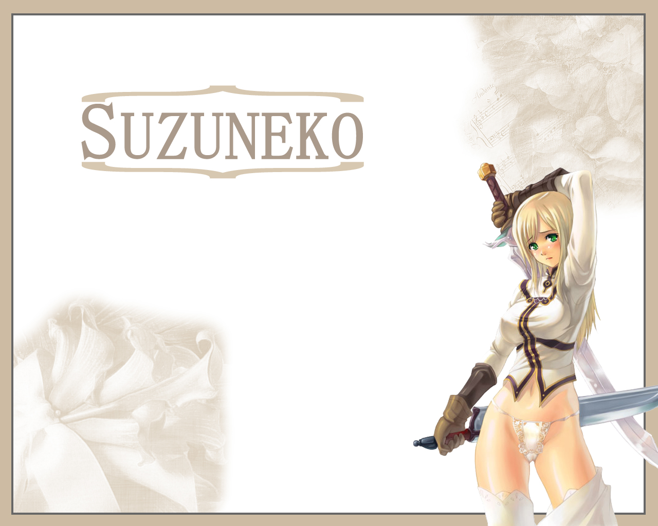 akamaru, 1girl, blonde hair, breasts, female focus, medium breasts, panties, solo, sword, underwear, weapon