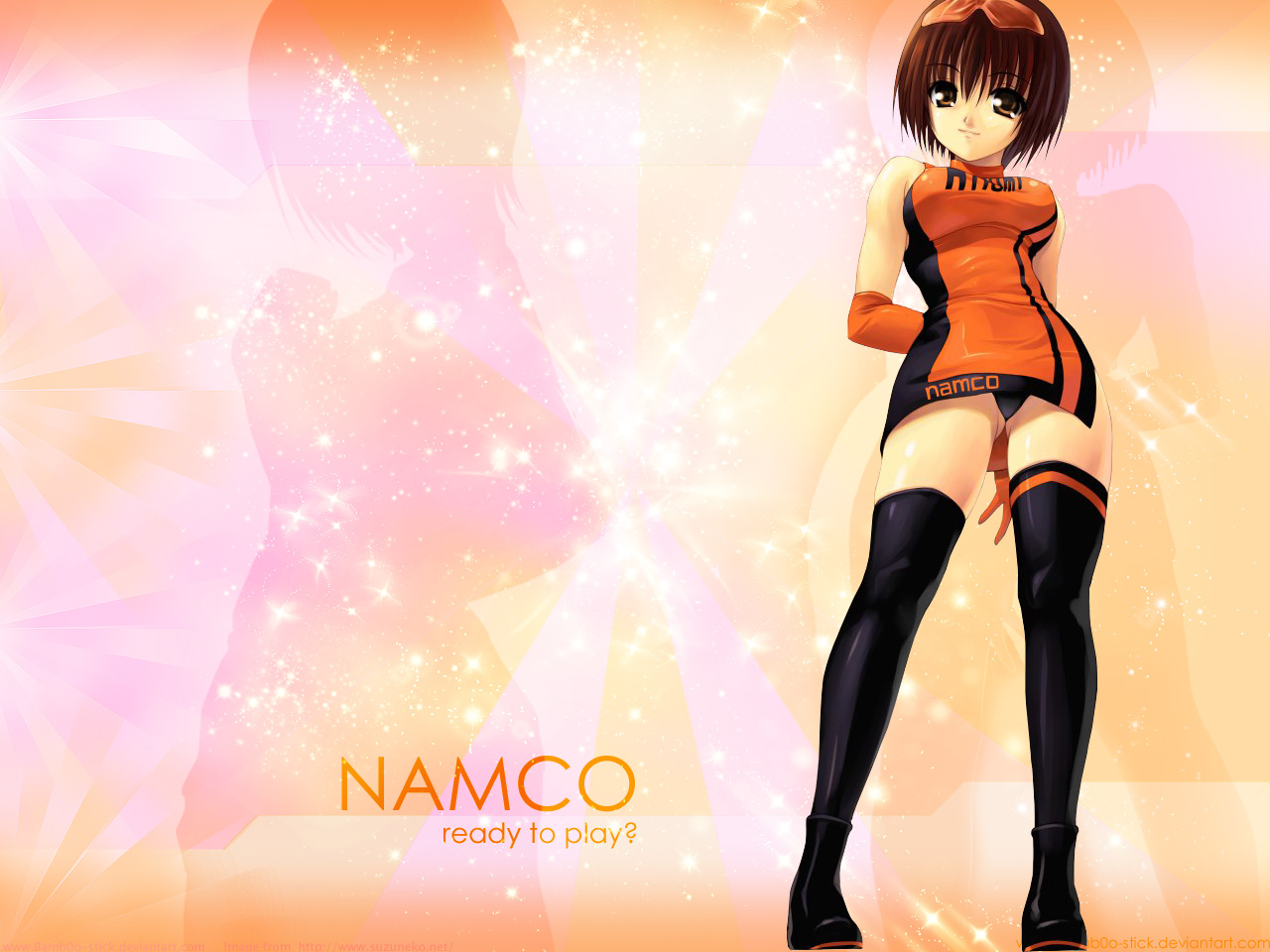 akamaru, yoshino hitomi, namco, 1girl, black panties, black thighhighs, breasts, brown eyes, brown hair, dress, elbow gloves, female focus, from below, gloves, panties, race queen, short hair, smile, solo, sunglasses, thighhighs, underwear, upskirt, zettai ryouiki