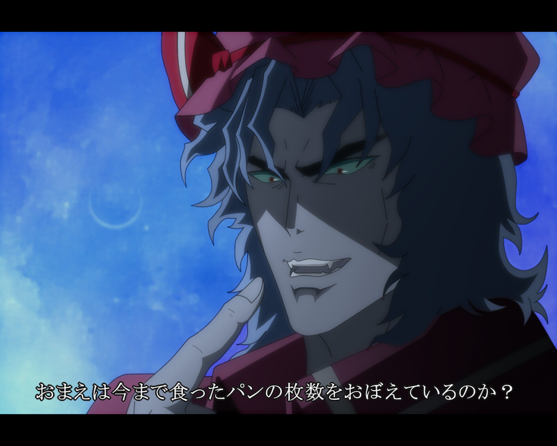 hidaruma, dio brando, remilia scarlet, jojo no kimyou na bouken, touhou, translated, 1girl, blue hair, collar, collared dress, dress, fang, hat, hat ribbon, meme, mob cap, night, parody, pointing, pointing at self, purple collar, purple dress, purple hat, red ribbon, ribbon, scene reference, solo, vampire