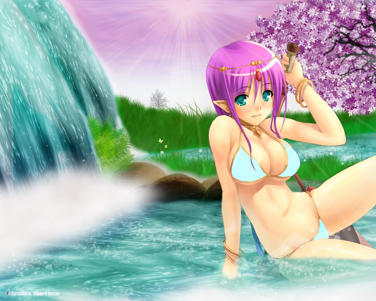 akamaru, ragnarok online, 1girl, aqua bikini, aqua eyes, bikini, breasts, elf, female focus, gypsy, huge breasts, large breasts, lowleg, lowleg bikini, pointy ears, purple hair, solo, swimsuit, water, waterfall