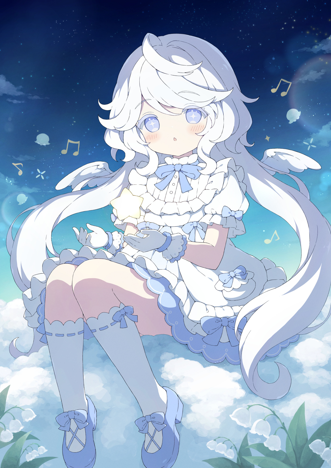 tyomimas, original, commentary, commission, highres, skeb commission, variant set, 1girl, :o, ahoge, angel wings, blue bow, blue bowtie, blue eyes, blue shoes, bow, bow legwear, bowtie, bright pupils, colored eyelashes, dress, dress bow, floating, floating object, footwear bow, gloves, kneehighs, long hair, low twintails, on cloud, open mouth, puffy short sleeves, puffy sleeves, shoes, short sleeves, sitting, sleeve bow, socks, solo, star (sky), twintails, very long hair, white dress, white gloves, white hair, white pupils, white socks, white wings, wings