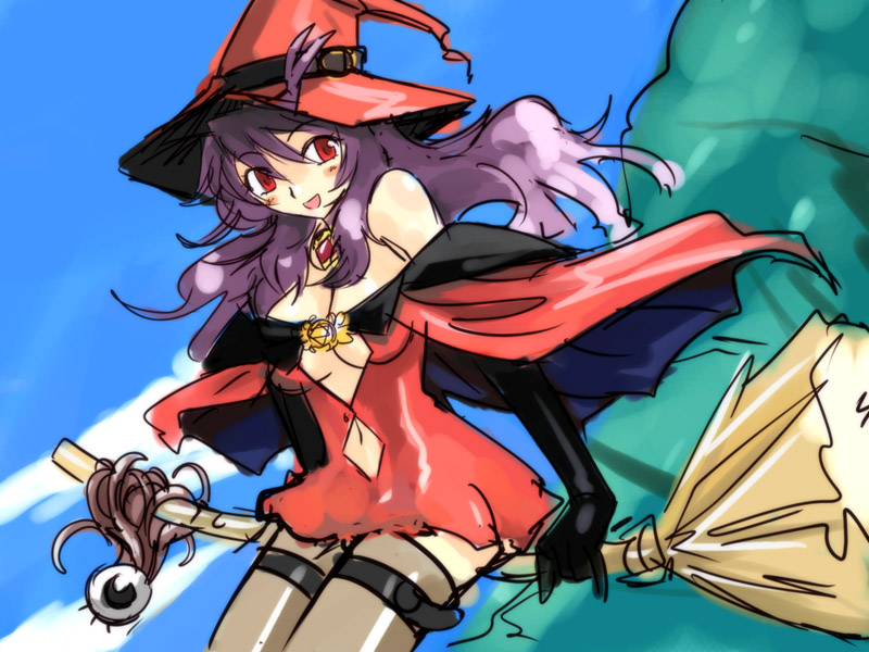 michael f91, original, 1girl, broom, broom riding, female focus, gloves, hat, long hair, purple hair, sidesaddle, solo, thighhighs, witch, witch hat