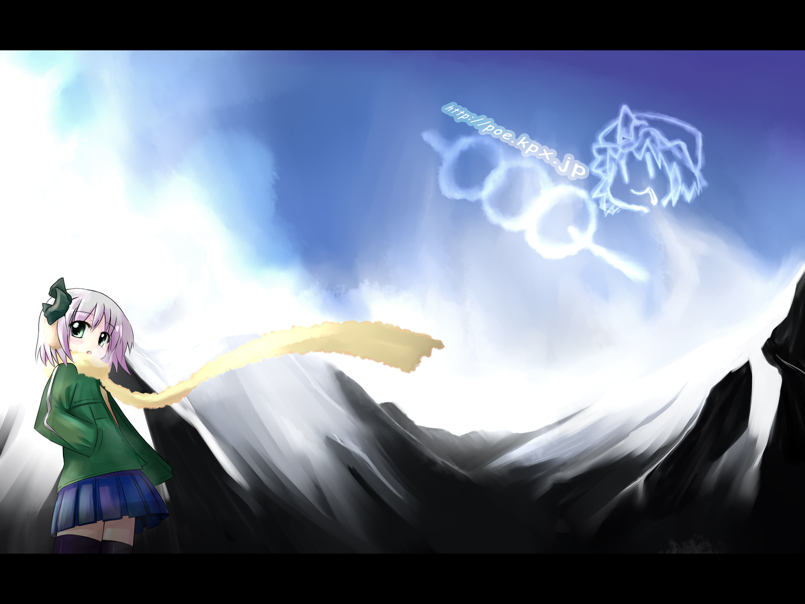 mirino, konpaku youmu, saigyouji yuyuko, touhou, highres, 2girls, female focus, food, hand in pocket, letterboxed, multiple girls, scarf, short hair, sky