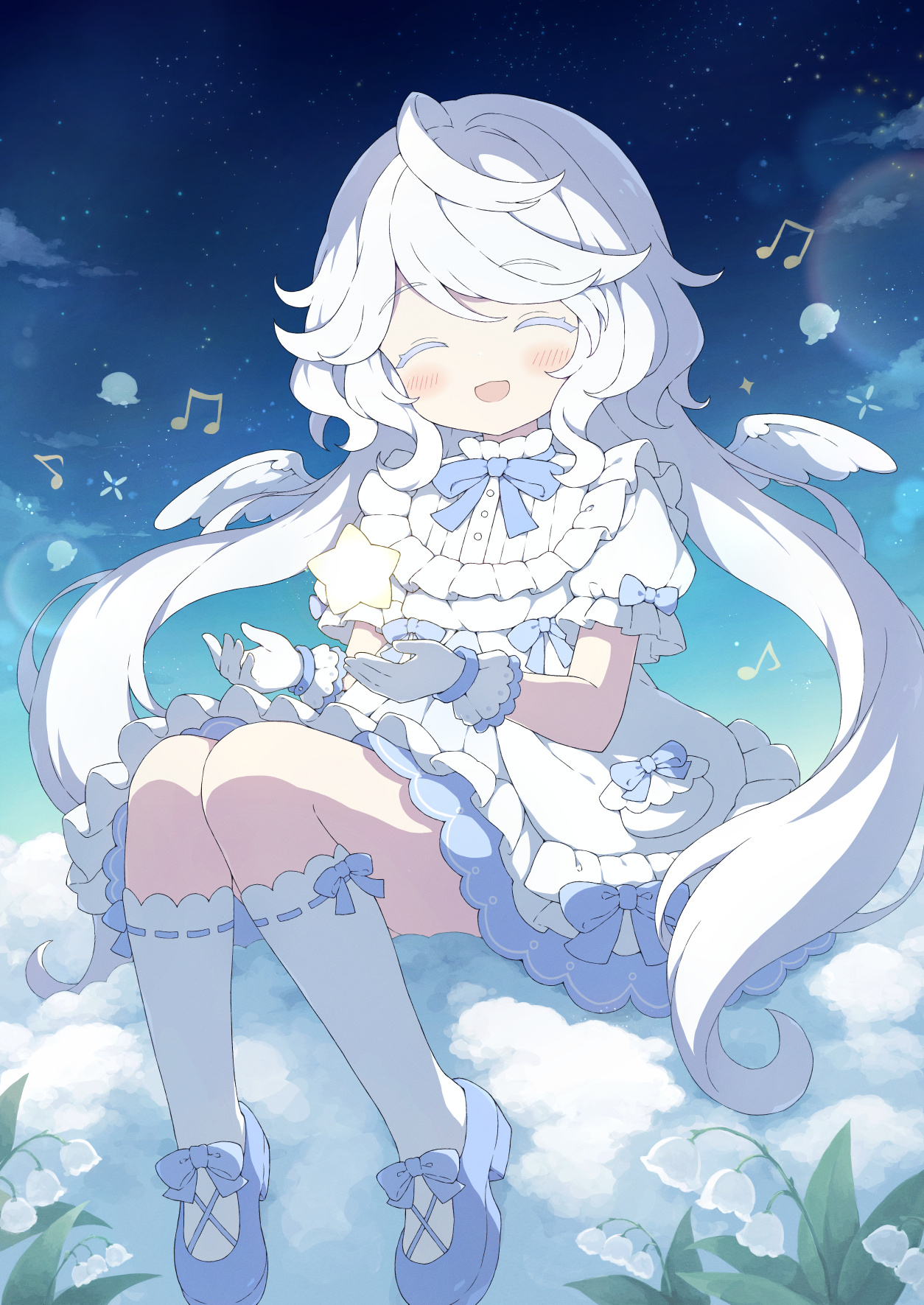tyomimas, original, commentary, commission, highres, skeb commission, variant set, 1girl, ahoge, angel wings, blue bow, blue bowtie, blue shoes, bow, bow legwear, bowtie, closed eyes, colored eyelashes, dress, dress bow, floating, floating object, footwear bow, gloves, kneehighs, long hair, low twintails, on cloud, open mouth, puffy short sleeves, puffy sleeves, shoes, short sleeves, sitting, sleeve bow, smile, socks, solo, star (sky), twintails, very long hair, white dress, white gloves, white hair, white socks, white wings, wings