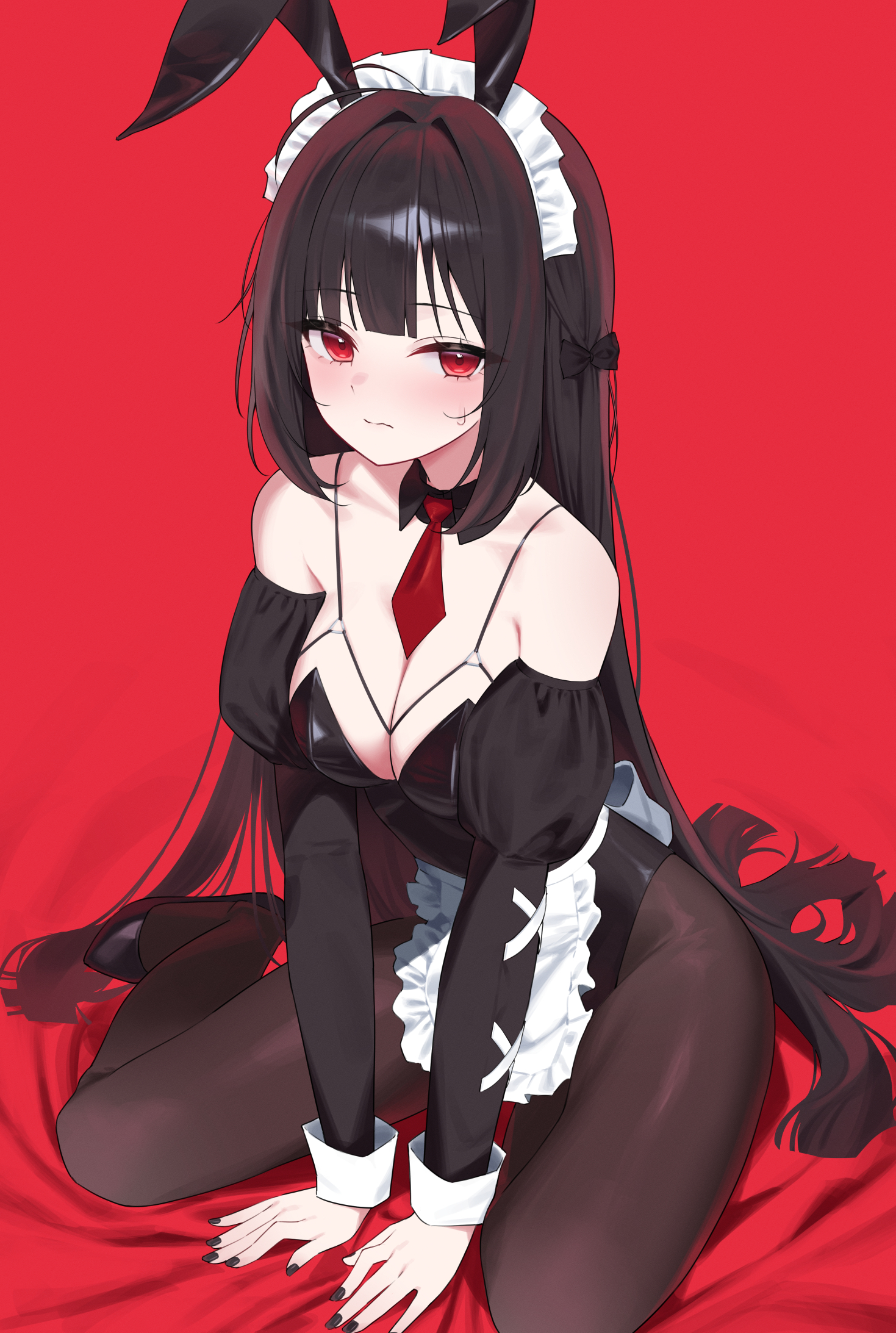 n4 h4m, original, highres, 1girl, animal ears, apron, bare shoulders, between legs, black bow, black collar, black leotard, black nails, black pantyhose, black sleeves, blunt bangs, bow, breasts, cleavage, collar, detached collar, detached sleeves, dot nose, fake animal ears, full body, hair bow, hand between legs, high heels, large breasts, leotard, long hair, long sidelocks, looking at viewer, maid apron, maid headdress, nail polish, necktie, pantyhose, puffy sleeves, rabbit ears, red background, red eyes, red necktie, sidelocks, simple background, sitting, solo, straight hair, sweat, thighs, very long hair, wavy mouth, white apron, white sleeve cuffs, yokozuwari