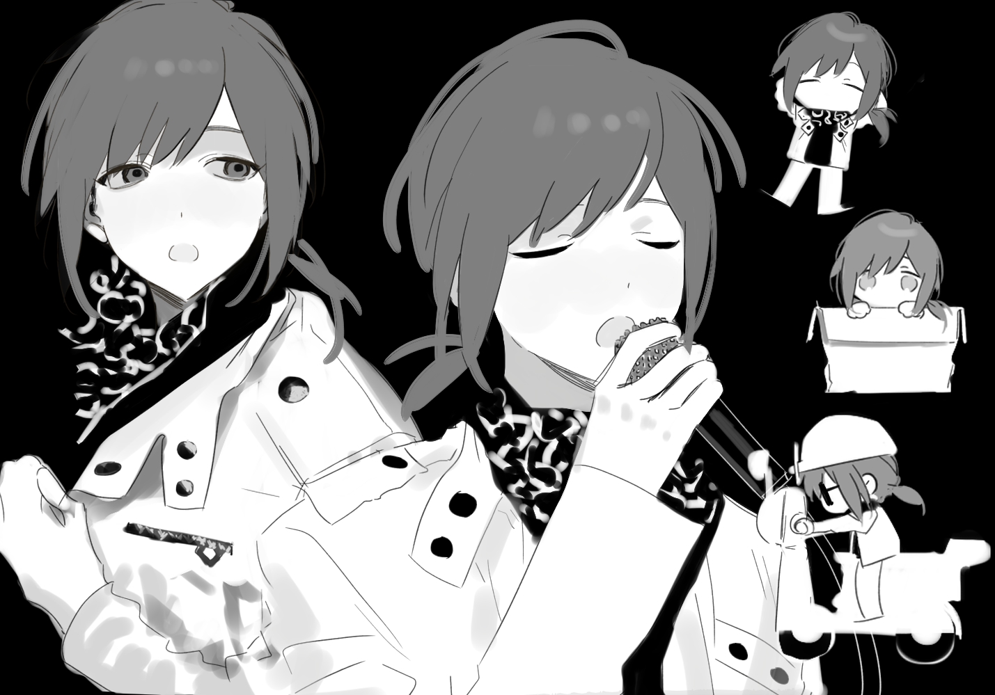 fubuki (kancolle), original, 1boy, androgynous, bishounen, chibi, chibi inset, coat, greyscale, hat, holding, holding microphone, jacket, lanye11, low ponytail, male focus, microphone, monochrome, multiple views, music, open mouth, ponytail, scarf, short ponytail, singing, sketch