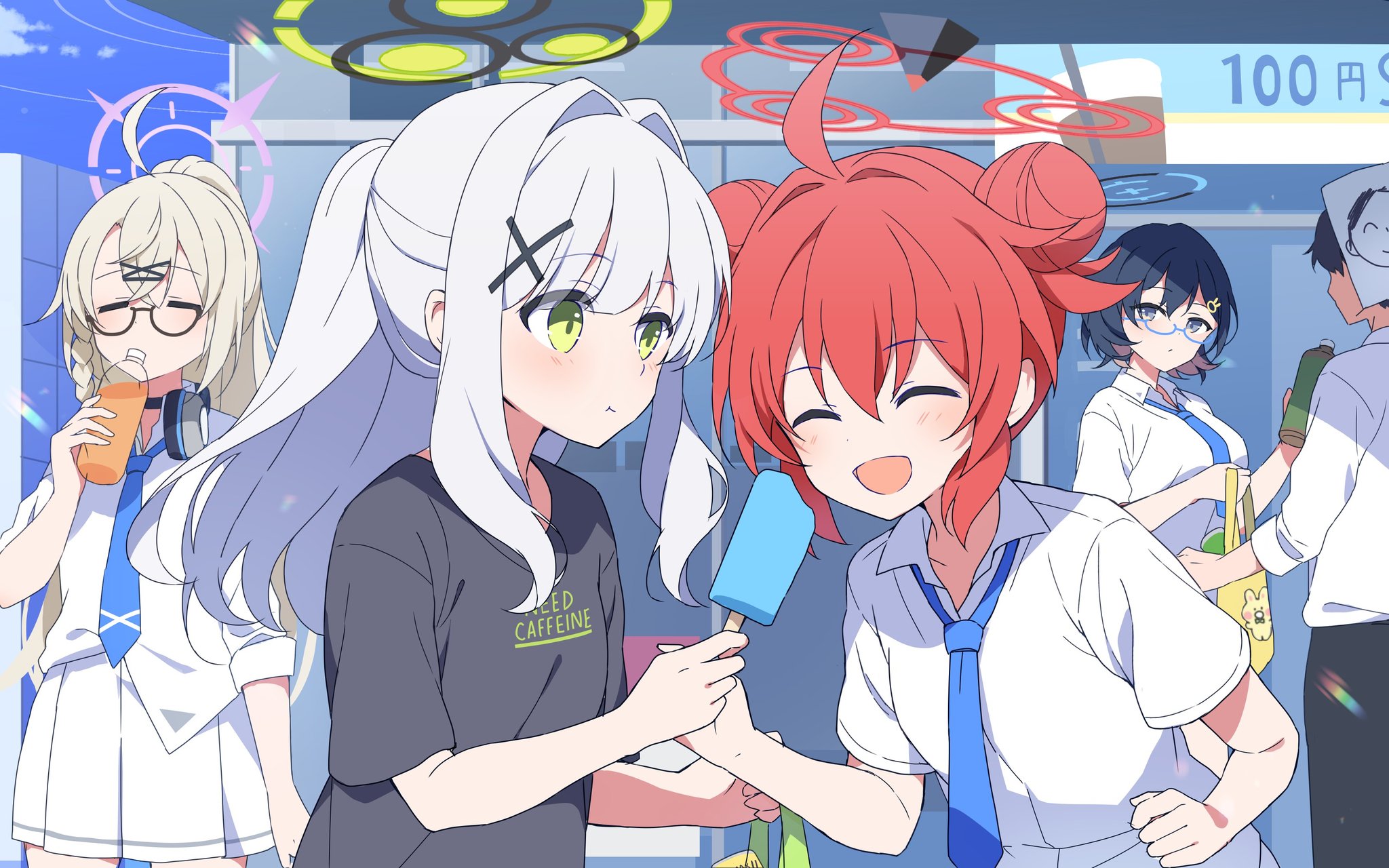 mochigome (ununquadium), chihiro (blue archive), doodle sensei (blue archive), hare (blue archive), kotama (blue archive), maki (blue archive), sensei (blue archive), blue archive, commentary request, highres, 1boy, 4girls, ahoge, aqua-framed eyewear, bag, black-framed eyewear, black hair, black shirt, blonde hair, blue-framed eyewear, blue halo, blue necktie, blue sky, blush, bottle, breasts, closed eyes, closed mouth, collared shirt, cross hair ornament, double bun, drink, drinking, eating, energy drink, food, glasses, green eyes, grey hair, hair between eyes, hair bun, hair intakes, hair ornament, halo, holding, holding bottle, holding food, holding popsicle, long hair, multiple girls, necktie, open mouth, pleated skirt, ponytail, popsicle, purple halo, rabbit hair ornament, red hair, red halo, school uniform, semi-rimless eyewear, shirt, short hair, skirt, sky, smile, t-shirt, under-rim eyewear, veritas (blue archive), white shirt, yellow bag