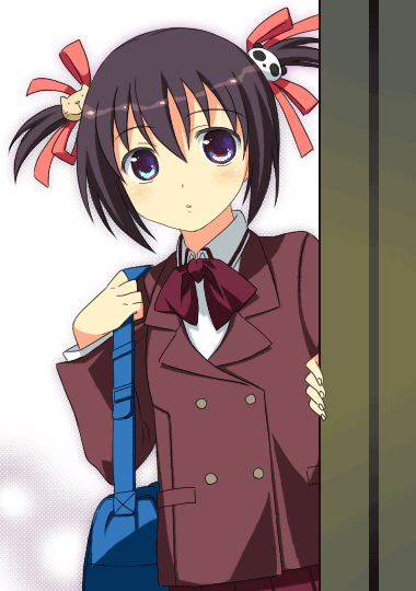 jimeko, kawazoe tamaki, bamboo blade, 00s, 1girl, :o, bag, blazer, blue eyes, blush, brown hair, female focus, handbag, jacket, long sleeves, looking at viewer, parted lips, peeking, school bag, short hair, solo, twintails, upper body