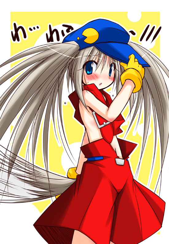 umesato yukino, klonoa, noumi kudryavka, pac-man, kaze no klonoa, little busters!, namco, pac-man (game), silver hair, 1girl, blue eyes, blush, cosplay, female focus, flat chest, gloves, hat, klonoa (cosplay), navel, revealing clothes, skinny, solo, tail, twintails