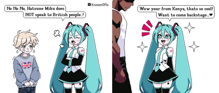 kumoripix, hatsune miku, vocaloid, commentary, english commentary, 1girl, 2boys, 2koma, aqua hair, aqua necktie, black skirt, black thighhighs, blonde hair, comic, crossed arms, dark-skinned male, dark skin, detached sleeves, english text, hatsune miku does not talk to british people (meme), heart, heart-shaped pupils, implied netorare, multiple boys, muscular, muscular male, necktie, no eyes, puff of air, queen of spades symbol, rejection, shirt, skirt, sparkle, sparkling aura, speech bubble, standing, sweater, symbol-shaped pupils, tank top, thighhighs, trembling, union jack print, united kingdom flag print, white shirt, white tank top
