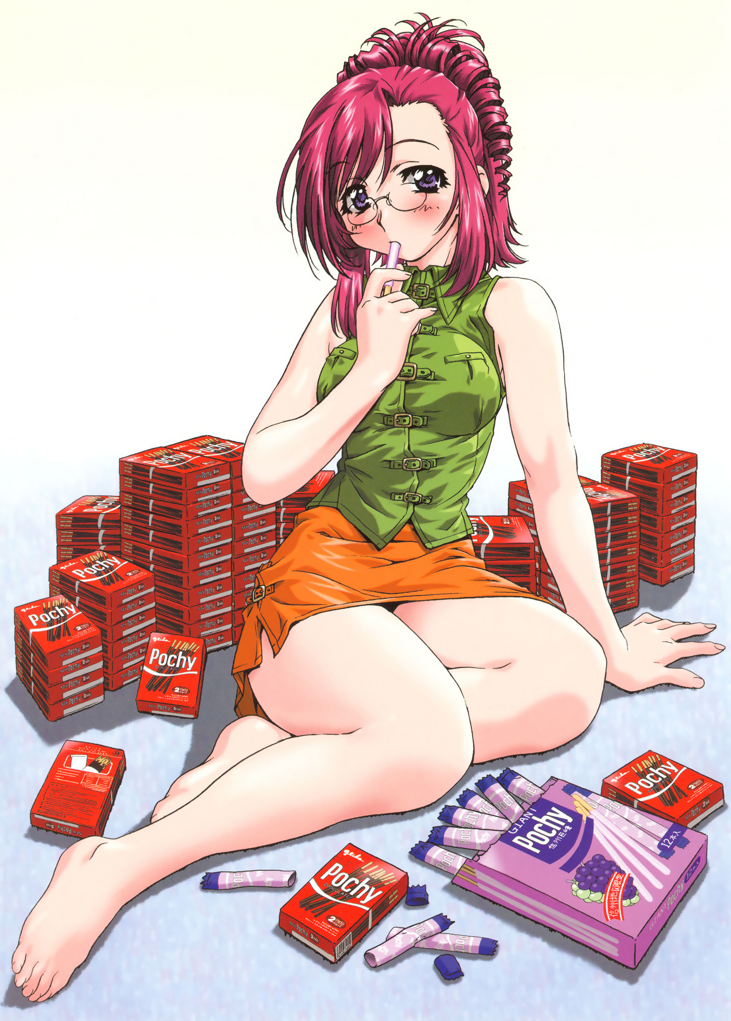 hayashiya shizuru, uon taraku, kazami mizuho, onegai teacher, highres, scan, 00s, 1girl, arm support, barefoot, blush, breasts, chocolate, drill hair, embarrassed, feet, female focus, food, glasses, hair up, large breasts, legs, miniskirt, pencil skirt, pince-nez, pink hair, pocky, ponytail, purple eyes, sitting, skirt, sleeveless, solo, strap, toes, too many