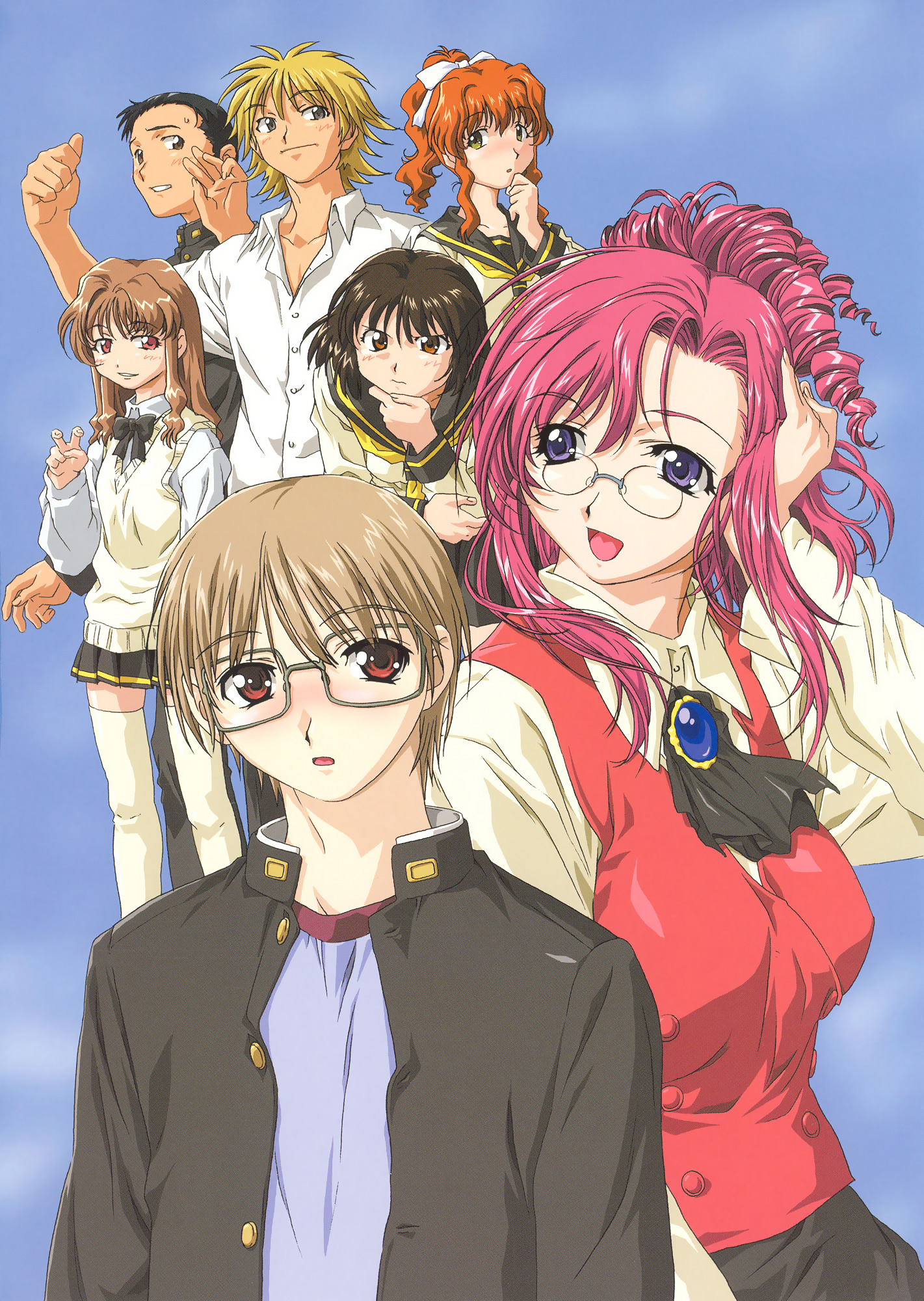 hayashiya shizuru, uon taraku, herikawa koishi, kazami mizuho, kusanagi kei, magumo hyosuke, misumi kaede, morino ichigo, shido matagu, shidou matagu, onegai teacher, highres, non-web source, scan, 00s, 3boys, 4girls, :d, :o, adjusting hair, angry, ascot, bent v, black hair, blonde hair, blush, brooch, brown eyes, brown hair, cloud, day, drill hair, embarrassed, everyone, flat chest, gakuran, glasses, green eyes, grey eyes, hair ribbon, hair up, head rest, jewelry, long hair, multiple boys, multiple girls, open clothes, open mouth, open shirt, orange hair, pince-nez, pink eyes, pink hair, pleated skirt, ponytail, purple eyes, red eyes, ribbon, school uniform, serafuku, shirt, short hair, skirt, sky, smile, spiked hair, standing, sweatdrop, sweater vest, teacher, teacher and student, thighhighs, thumbs up, unbuttoned, v, vest, wavy hair, white thighhighs, zettai ryouiki