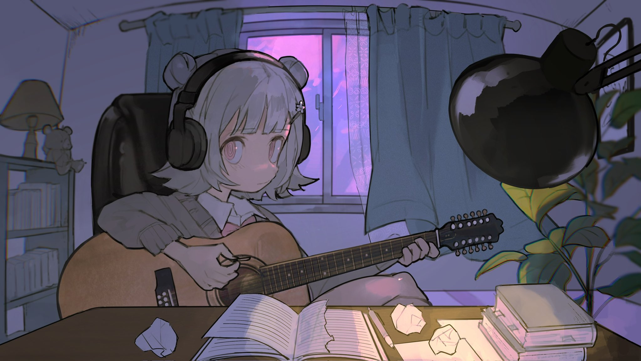 ni (nimame629), koharu rikka, cevio, synthesizer v, highres, 1girl, @ @, acoustic guitar, book, bookshelf, cardigan, chair, closed mouth, collared shirt, crossed legs, crumpled paper, curtains, desk lamp, double bun, flower hairpin, grey cardigan, grey hair, guitar, hair bun, headphones, indoors, instrument, lamp, mechanical pencil, music, office chair, pencil, plant, playing guitar, playing instrument, plectrum, potted plant, purple eyes, shirt, sitting, solo, stuffed animal, stuffed toy, swivel chair, teddy bear, window
