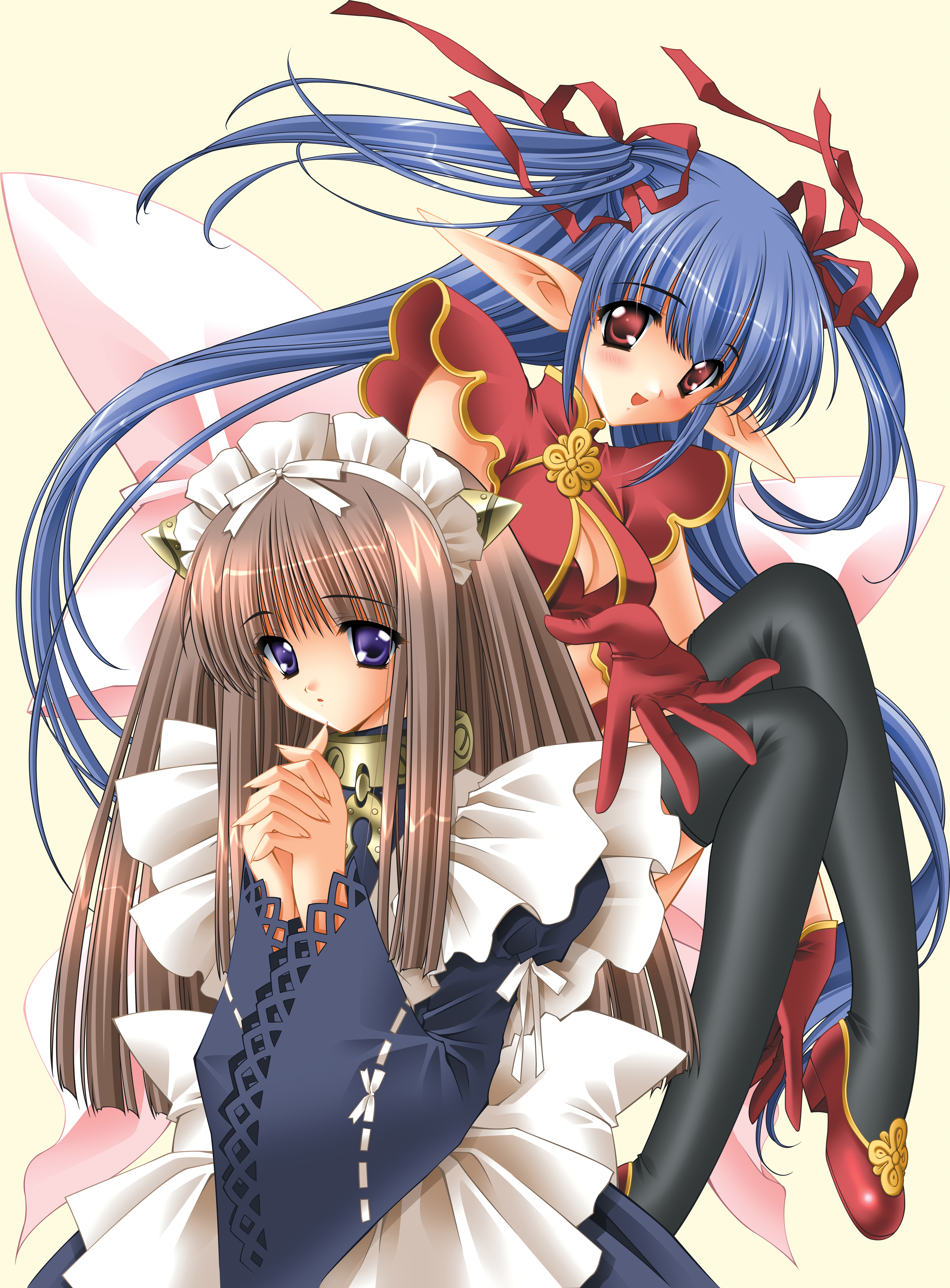 carnelian, seika (fairy factory), touka (fairy factory), fairy factory, frontier, black legwear, absurdres, highres, scan, 2girls, :d, :o, apron, blue hair, blush, bow, breasts, brown hair, china dress, chinese clothes, choker, cleavage, cleavage cutout, clothing cutout, collar, dress, elf, foreshortening, gloves, hair ribbon, high heels, lace, long hair, looking at viewer, maid, maid apron, maid headdress, multiple girls, open mouth, outstretched hand, own hands clasped, own hands together, pointy ears, purple eyes, quad tails, ribbon, shoes, short twintails, sidelocks, simple background, sitting, smile, standing, thighhighs, turtleneck, twintails, very long hair, wide sleeves