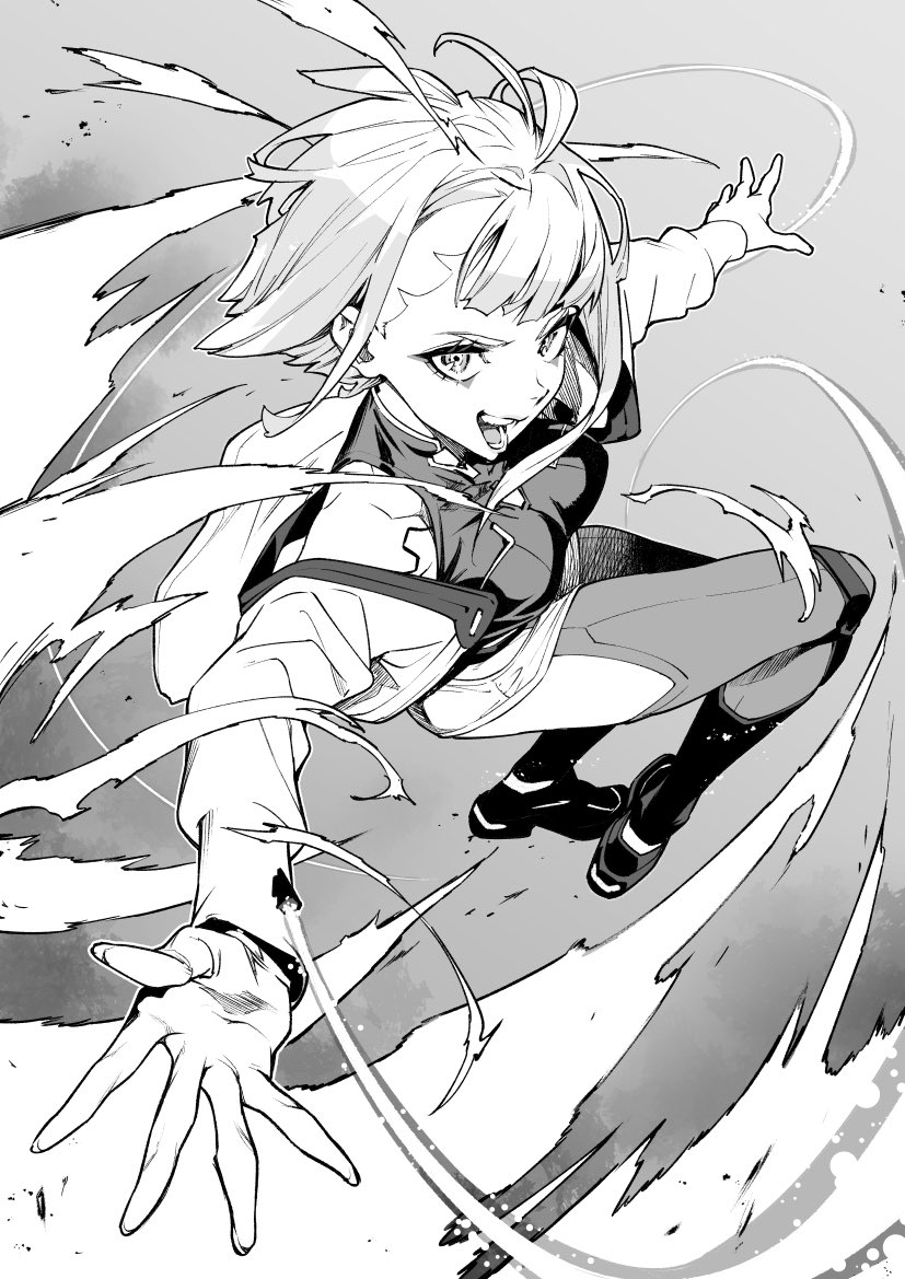 saeki shun, lucy (cyberpunk), cyberpunk: edgerunners, cyberpunk (series), 1girl, cyborg, greyscale, heattech leotard, jacket, leotard, monochrome, off-shoulder jacket, off shoulder, open clothes, open mouth, short hair, solo, turtleneck