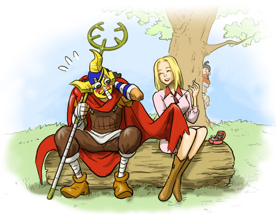 nika (nikasa an), kaya (one piece), ninjin (one piece), piiman (one piece), sogeking, tamanegi (one piece), usopp, one piece, 1girl, 4boys, bandages, blonde hair, blush, boots, cape, couple, east blue, happy, hat, hetero, log, marksman, mask, multiple boys, needle, overalls, peeking, red cape, sewing, sitting, slingshot (weapon), tree, voyeurism