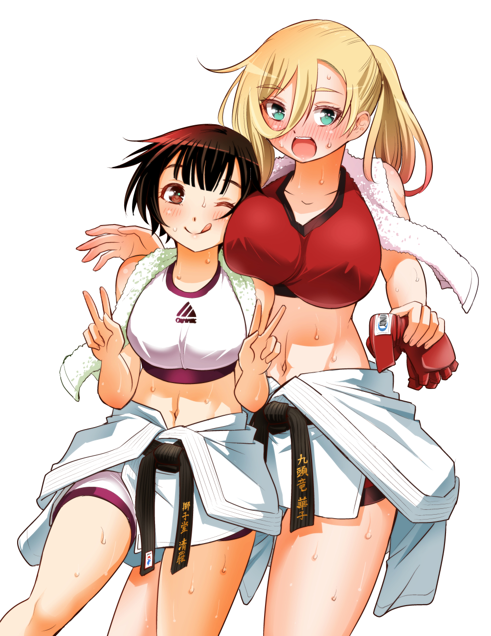 sogabe toshinori, kuzuryuu hanako, yankee jk kuzuhana-chan, commentary request, highres, translation request, 2girls, ;q, belt, black belt, blonde hair, blush, breasts, brown hair, cowboy shot, double v, dougi, fingerless gloves, gloves, green eyes, holding, holding gloves, holding unworn clothes, large breasts, long hair, looking at viewer, midriff, multiple girls, navel, one eye closed, open mouth, ponytail, red gloves, red sports bra, shishidou seira, short hair, simple background, sports bra, sweat, teeth, tongue, tongue out, towel, towel around neck, unworn gloves, upper teeth only, v, white background, white sports bra