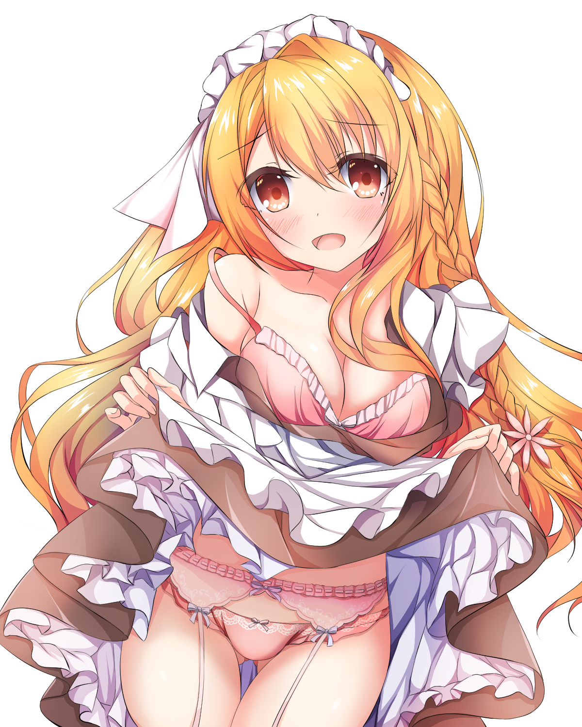 koyo aki (vtvd5277), shirley warwick, amairo islenauts, commentary request, highres, 1girl, :d, alternate costume, apron, black dress, blonde hair, blush, bow, bow panties, bra, braid, breasts, cleavage, clothes lift, cowboy shot, dress, dress lift, enmaided, eyes visible through hair, floating hair, flower, frilled apron, frilled bra, frills, furrowed brow, garter belt, garter straps, gluteal fold, hair between eyes, hair flower, hair ornament, hair over breasts, large breasts, lifting own clothes, long hair, looking at viewer, maid, maid apron, maid headdress, open mouth, orange eyes, panties, pink bra, pink flower, pink garter belt, pink panties, presenting, simple background, single bare shoulder, single braid, single hair intake, smile, solo, strap slip, thigh gap, underwear, very long hair, white apron, white background