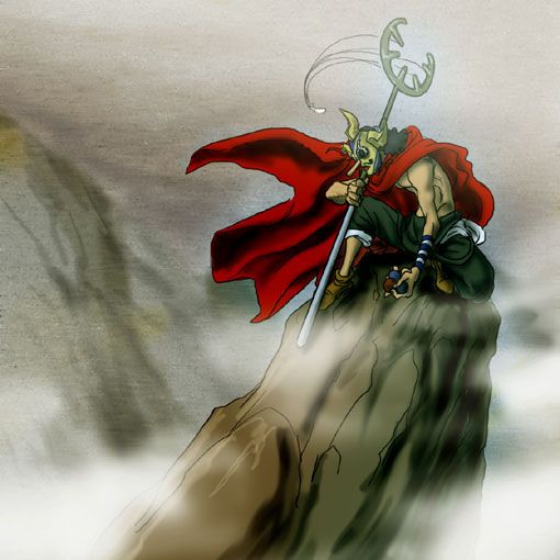 nika (nikasa an), sogeking, usopp, one piece, sniper, 1boy, armband, black hair, cape, dust, fighting stance, fog, goggles, male focus, manly, marksman, mask, muscular, outdoors, overalls, red cape, rock, slingshot (weapon), solo, squatting, suspenders, topless male, weapon, wind