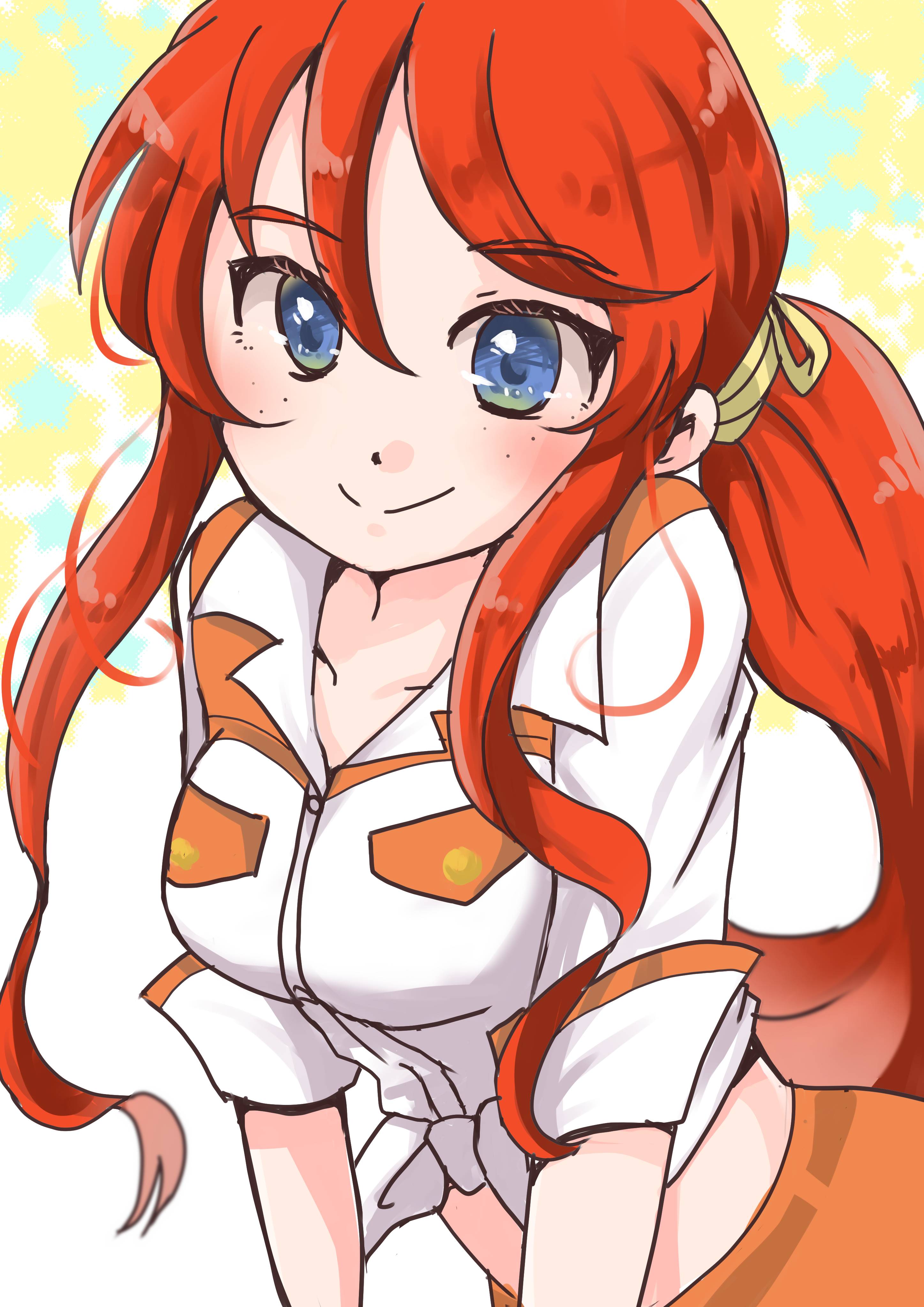 gemini sunrise, sakura taisen, sakura taisen v, absurdres, highres, arm support, blue eyes, blush, breast pocket, freckles, hair tie, midriff, official alternate costume, orange pants, orizume (oridume), pants, pocket, ponytail, red hair, shirt, sidelocks, sleeves rolled up, smile, tied shirt, white shirt