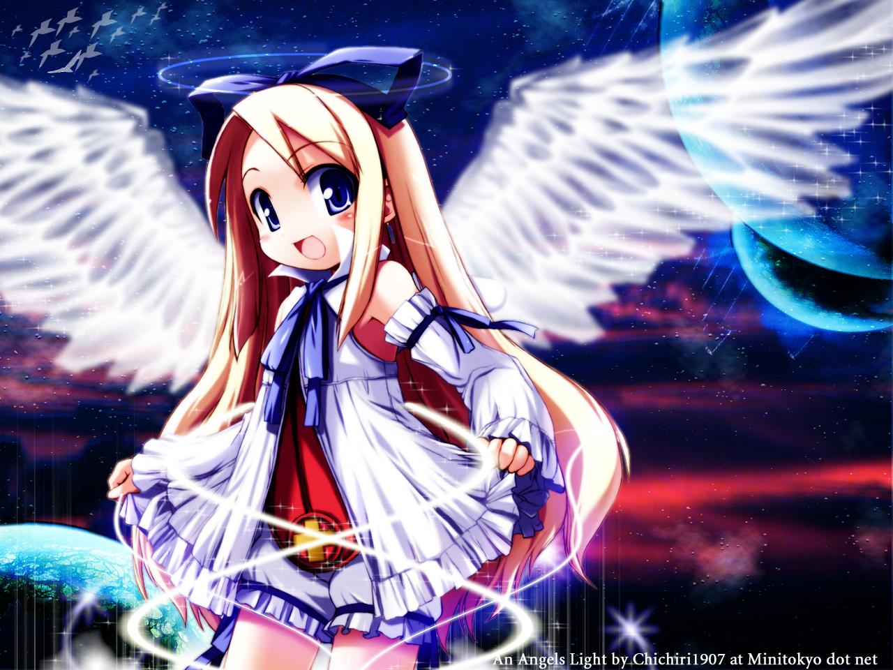 flonne, disgaea, makai senki disgaea, 00s, blonde hair, bloomers, detached sleeves, dress, long hair, oversized wings, ribbon, solo, star (sky), thighs, underwear, very long hair, white bloomers, wings