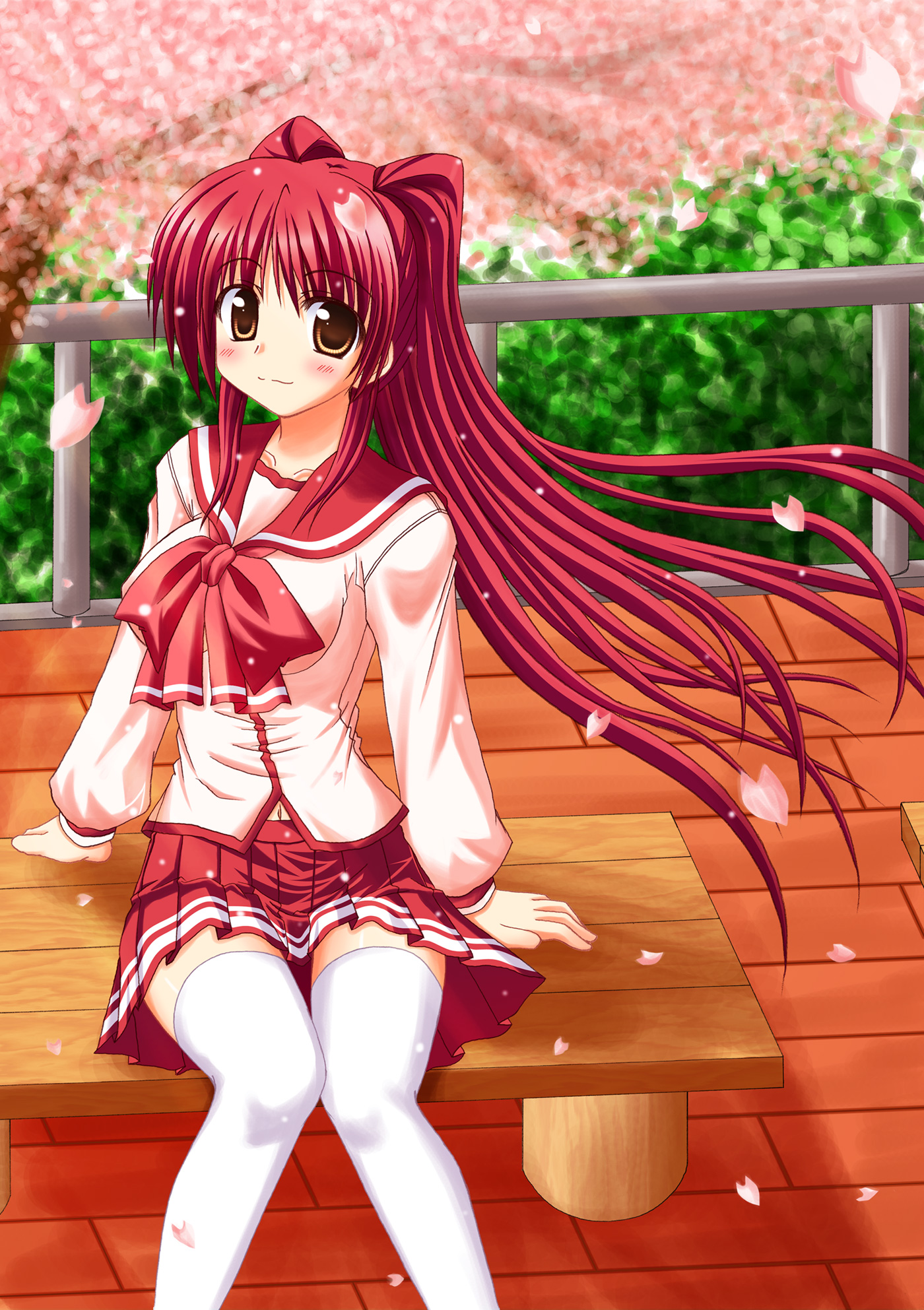 lask, kousaka tamaki, to heart (series), to heart 2, highres, 00s, blush, brown eyes, cherry blossoms, long hair, red hair, school uniform, serafuku, skirt, solo, thighhighs, zettai ryouiki