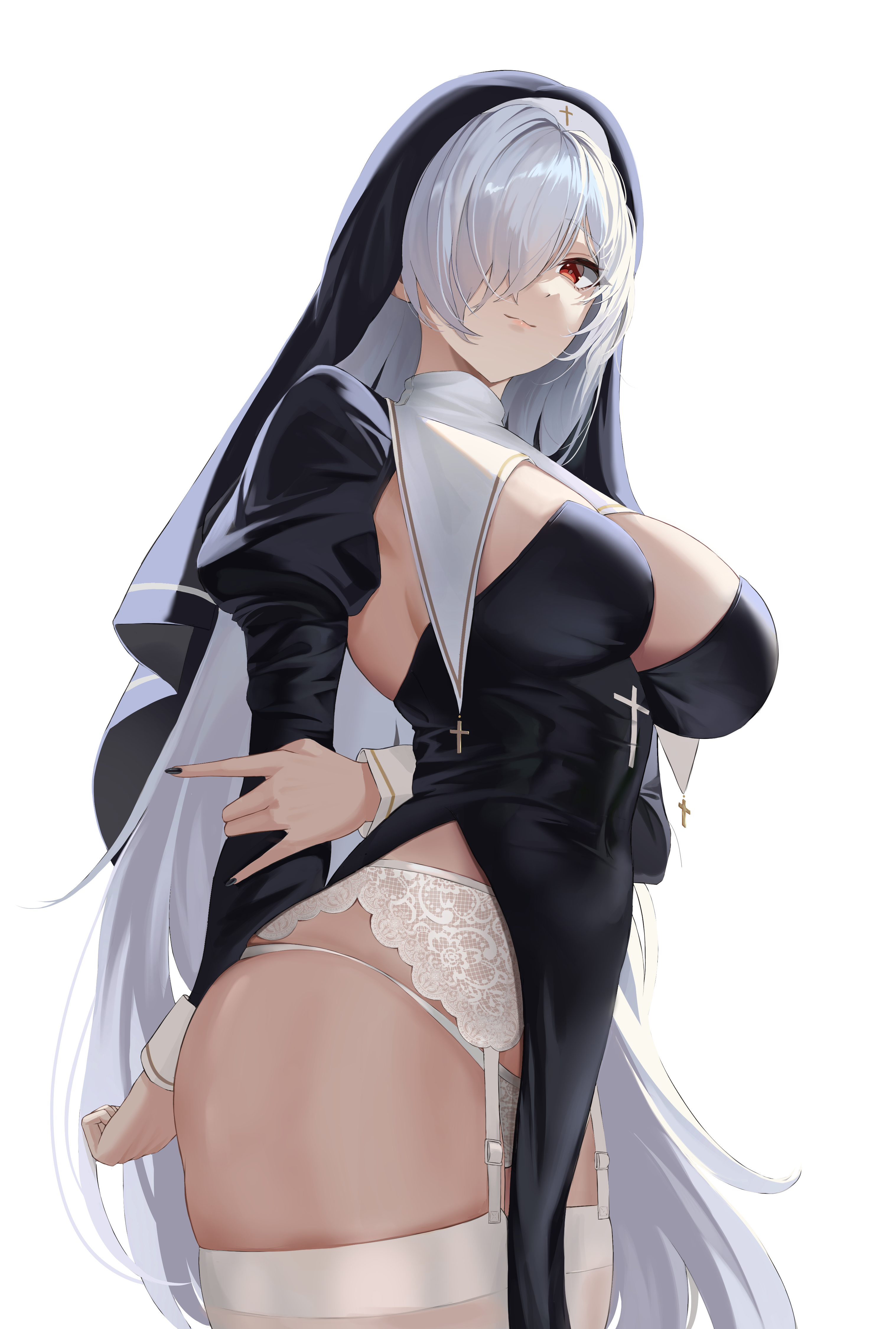 tada (pixiv41160771), cinderella (nikke), goddess of victory: nikke, absurdres, commentary request, highres, 1girl, alternate costume, arm behind back, arms behind back, black dress, black nails, black veil, breasts, cleavage, closed mouth, covered navel, cowboy shot, cross, dress, garter belt, hair over one eye, large breasts, long bangs, long hair, long sleeves, looking at viewer, nail polish, no pants, nun, one eye covered, panties, pelvic curtain, red eyes, simple background, solo, thighhighs, thighs, underwear, veil, very long hair, white background, white garter belt, white hair, white panties, white thighhighs