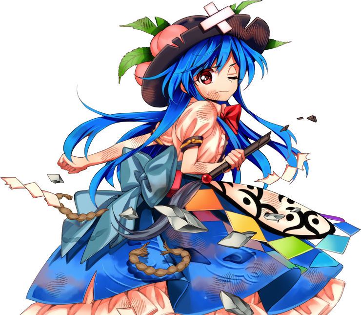 harukawa moe, hinanawi tenshi, antinomy of common flowers, touhou, official art, 1girl, beaten, blue hair, blue skirt, bow, bowtie, bruise, bruised eye, diamond (shape), hat, holding, holding sword, holding weapon, injury, one eye closed, puffy short sleeves, puffy sleeves, scratches, short sleeves, skirt, sword, tachi-e, weapon