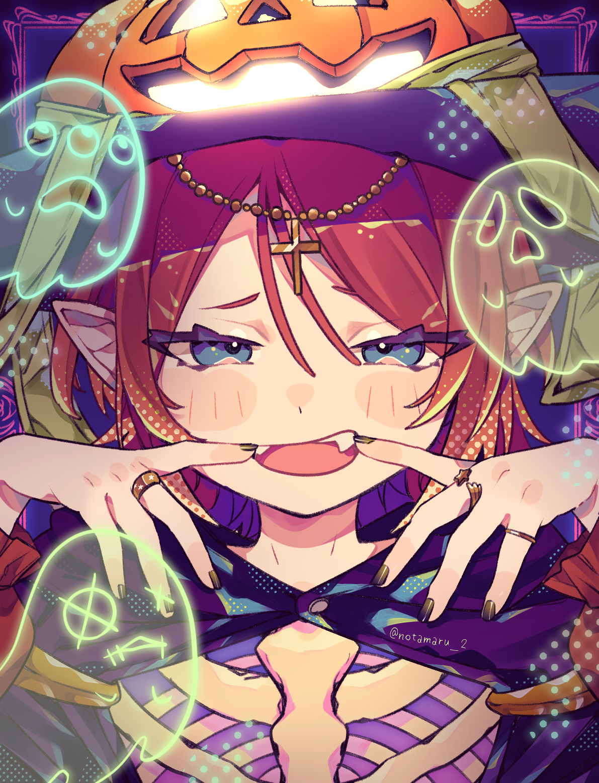 notamaru 2, original, commentary, highres, 1girl, :d, blue eyes, blush stickers, cross, fangs, ghost, hair between eyes, halloween, hat, jack-o'-lantern, long hair, looking at viewer, mouth pull, open mouth, pointy ears, portrait, purple hat, purple shirt, red hair, shirt, skeleton, smile, solo