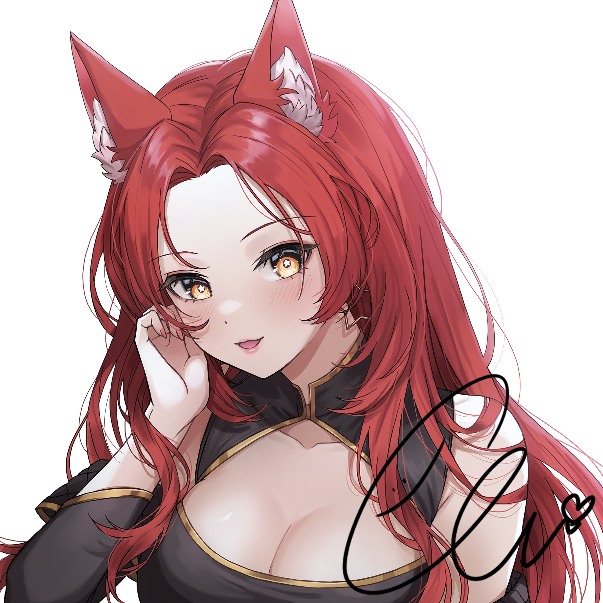 ella 7737, original, commentary, highres, symbol-only commentary, 1girl, animal ear fluff, animal ears, black dress, blush, breasts, cleavage cutout, clothing cutout, collarbone, dress, hand up, long hair, looking at viewer, medium breasts, open mouth, parted bangs, red hair, signature, simple background, smile, solo, star (symbol), star in eye, symbol in eye, upper body, white background, yellow eyes
