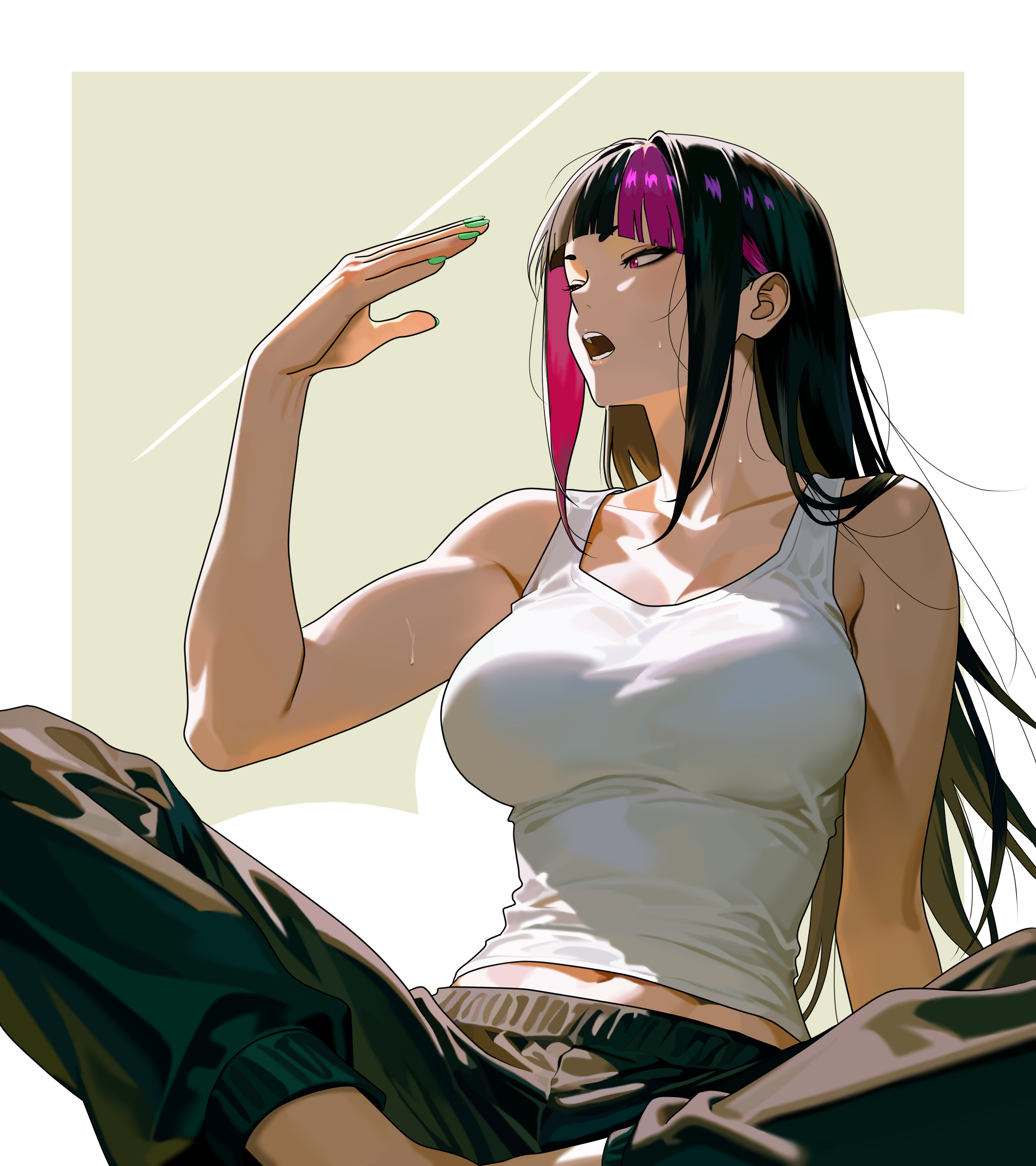 yagi (joe731842), han juri, street fighter, street fighter 6, absurdres, highres, 1girl, ant, black hair, breasts, bug, green nails, hair down, indian style, insect, large breasts, long hair, midriff peek, multicolored hair, nail polish, open mouth, pink hair, red eyes, sitting, solo, sweat, tank top