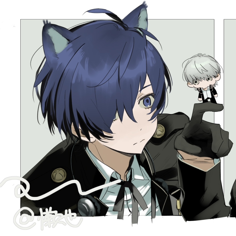 narukami yu, yuuki makoto (persona 3), persona, persona 3, persona 4, 2boys, animal ears, black gloves, black jacket, black ribbon, blue eyes, blue hair, cat ears, chibi, collared shirt, gekkoukan high school uniform, gloves, grey hair, hair over one eye, headphones, headphones around neck, jacket, kemonomimi mode, lanye11, male focus, mini person, multiple boys, neck ribbon, ribbon, school uniform, shirt, short hair, white shirt, yasogami school uniform