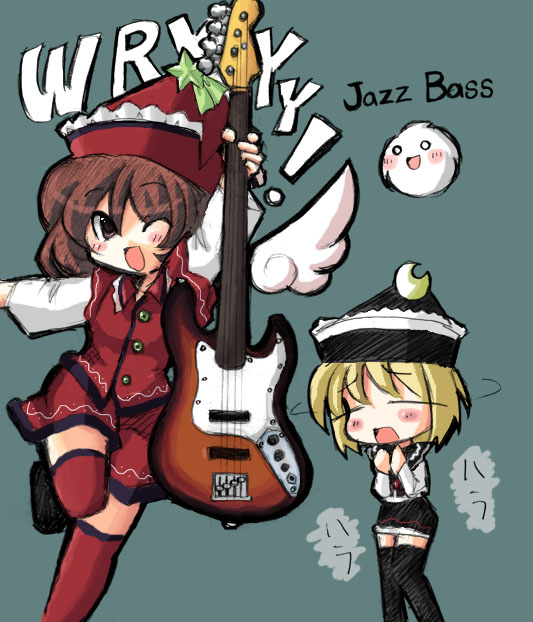 oyavun, vu (oyavun), lunasa prismriver, lyrica prismriver, touhou, 2girls, bass guitar, blonde hair, female focus, guitar, instrument, multiple girls, siblings, sisters, thighhighs
