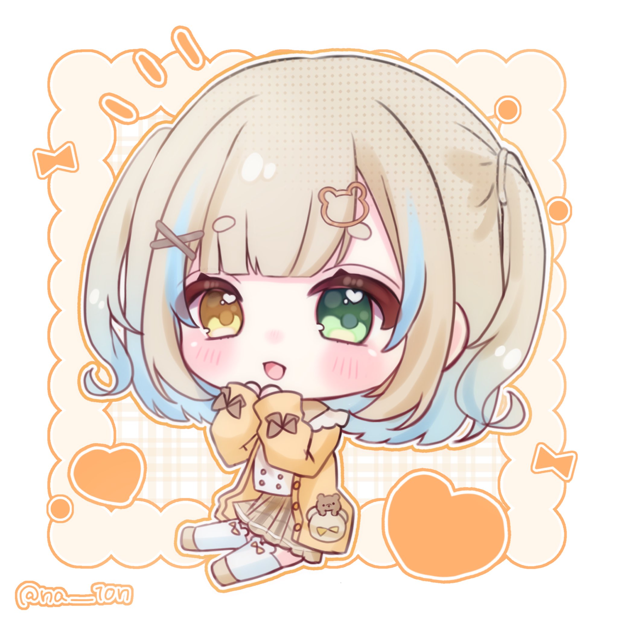 original, highres, 1girl, blonde hair, blue hair, blush, brown skirt, cardigan, chibi, full body, green eyes, hair ornament, hairclip, heart, heterochromia, jacket, long sleeves, multicolored hair, na 10n, open clothes, open mouth, plaid clothes, plaid skirt, pleated skirt, shirt, skirt, smile, solo, thick eyebrows, thighhighs, twitter username, two side up, virtual youtuber, white shirt, white thighhighs, x hair ornament, yellow eyes, yellow jacket