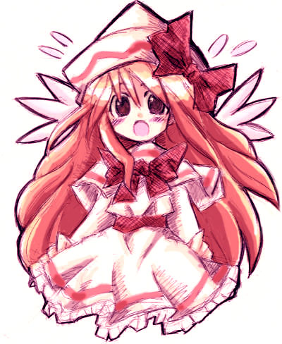 oyavun, vu (oyavun), lily white, touhou, lowres, 1girl, blush, bow, brown eyes, dress, female focus, frilled dress, frills, hat, hat bow, long hair, open mouth, orange hair, red bow, sketch, solo, very long hair, white background, white dress, white hat, wings