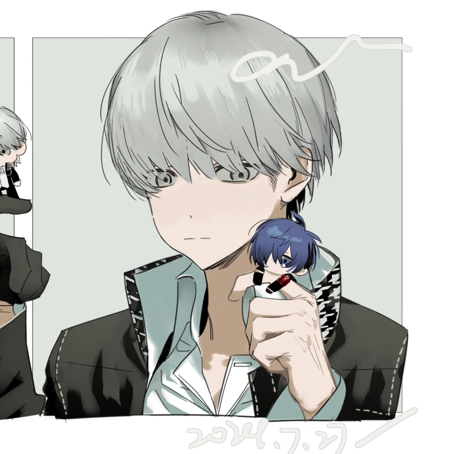 narukami yu, yuuki makoto (persona 3), persona, persona 3, persona 4, 2boys, black gloves, black jacket, black ribbon, blue eyes, blue hair, chibi, collared shirt, gekkoukan high school uniform, gloves, grey hair, hair over one eye, headphones, headphones around neck, jacket, kemonomimi mode, lanye11, male focus, mini person, multiple boys, neck ribbon, ribbon, school uniform, shirt, short hair, white shirt, yasogami school uniform