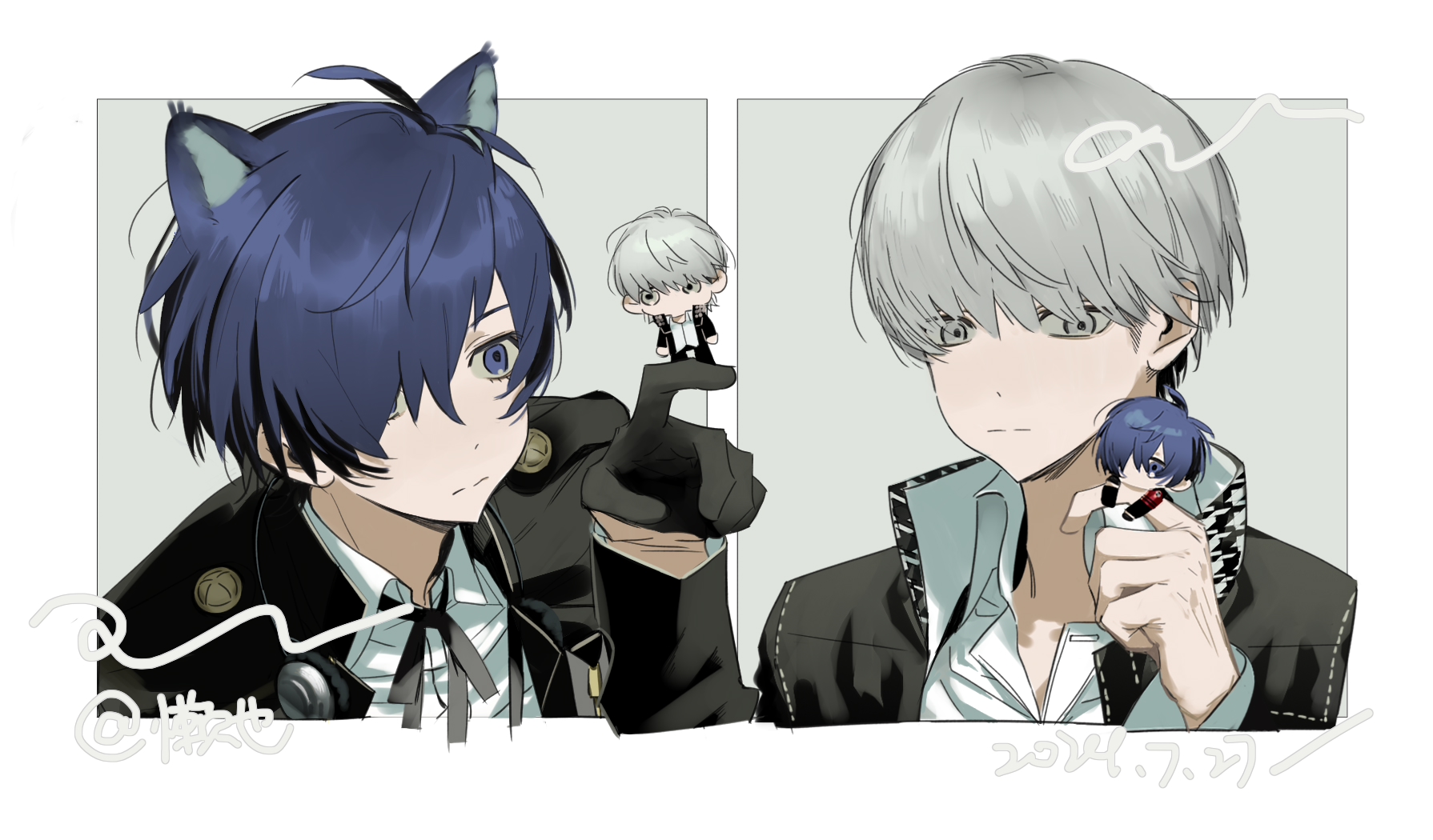 narukami yu, yuuki makoto (persona 3), persona, persona 3, persona 4, highres, 2boys, animal ears, black gloves, black jacket, black ribbon, blue eyes, blue hair, cat ears, chibi, collared shirt, gekkoukan high school uniform, gloves, grey hair, hair over one eye, headphones, headphones around neck, jacket, kemonomimi mode, lanye11, male focus, mini person, multiple boys, neck ribbon, ribbon, school uniform, shirt, short hair, white shirt, yasogami school uniform
