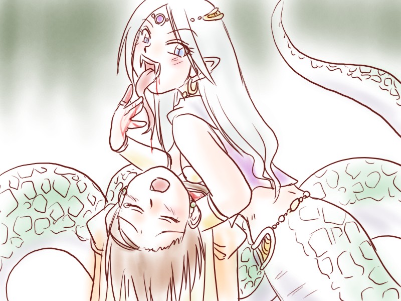 2girls, blood, blue eyes, blush, brown hair, fangs, forked tongue, lamia, midriff, monster girl, multiple girls, pointy ears, scales, tongue, vampire, white hair, yuri