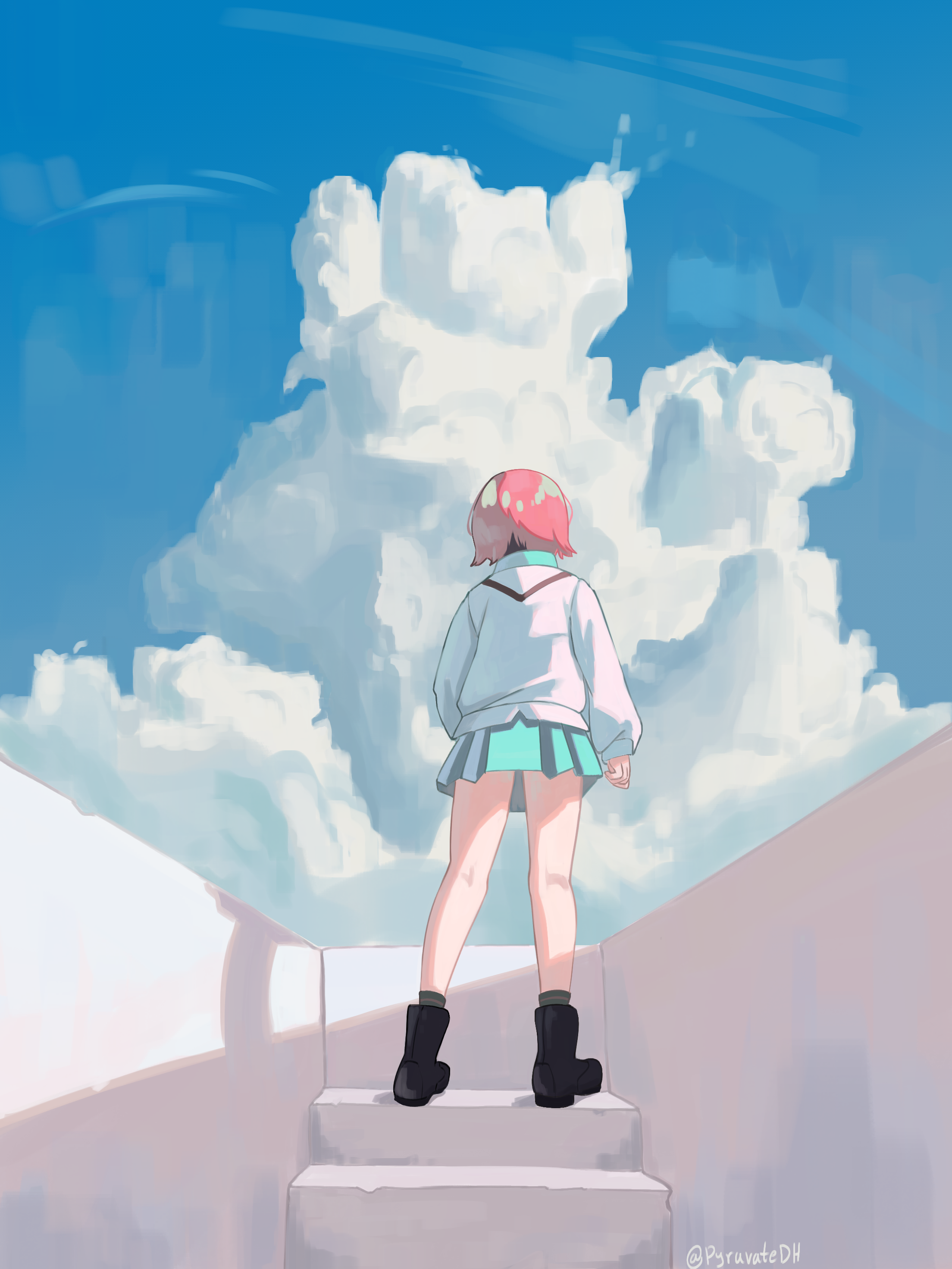 ryyr7242, amate yuzuriha, gundam, gundam gquuuuuux, absurdres, commentary, english commentary, highres, 1girl, artist name, black shoes, blue skirt, cloud, cumulonimbus cloud, from behind, purple eyes, red hair, shoes, short hair, skirt, solo, standing, sweater, twitter username, white sweater
