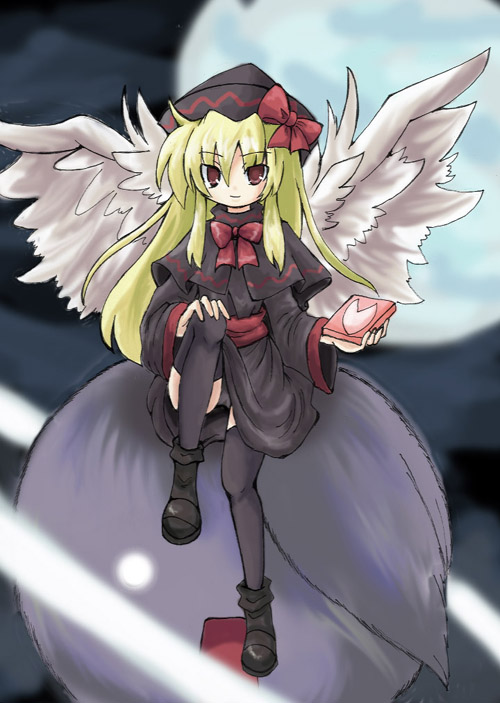 oyavun, vu (oyavun), lily black, lily white, touhou, 1girl, ahoge, angel wings, black dress, black hat, black shoes, black thighhighs, blonde hair, bow, brown eyes, capelet, dress, eyes visible through hair, female focus, hand on own knee, hat, hat bow, long hair, moon, red bow, sash, shoes, solo, thighhighs, very long hair, wings, zettai ryouiki